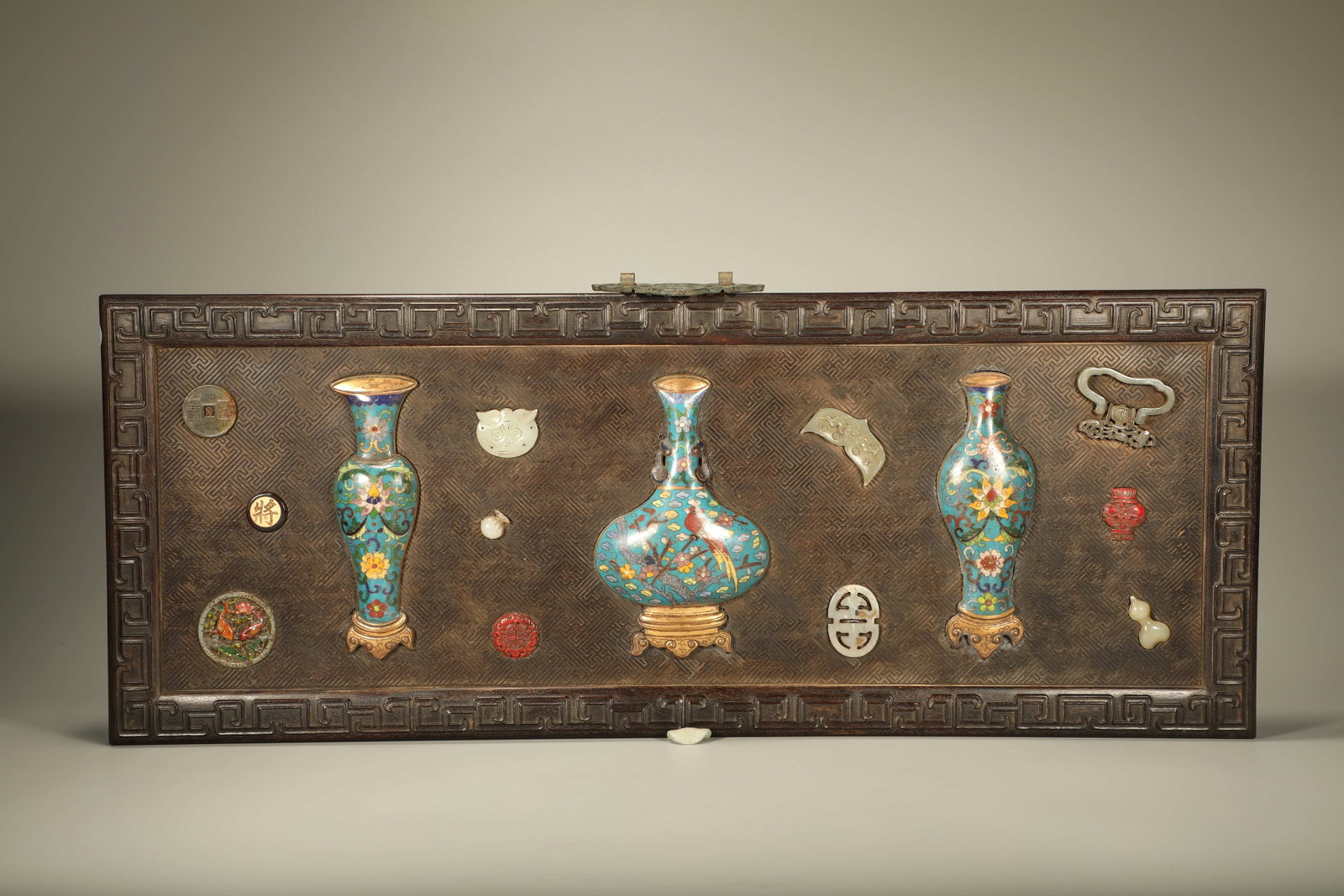 A ZITAN WOOD HANGING SCREEN INLAID WITH PRECIOUS STONES: Zitan Wood Hanging Screen Inlaid with Precious Stones