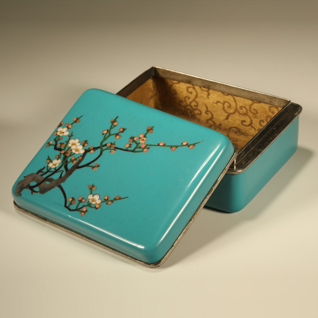 A SILVER-BODY CLOISONN? ENAMEL PLUM BLOSSOM BOX: Silver-body Cloisonn? Enamel Plum Blossom Box