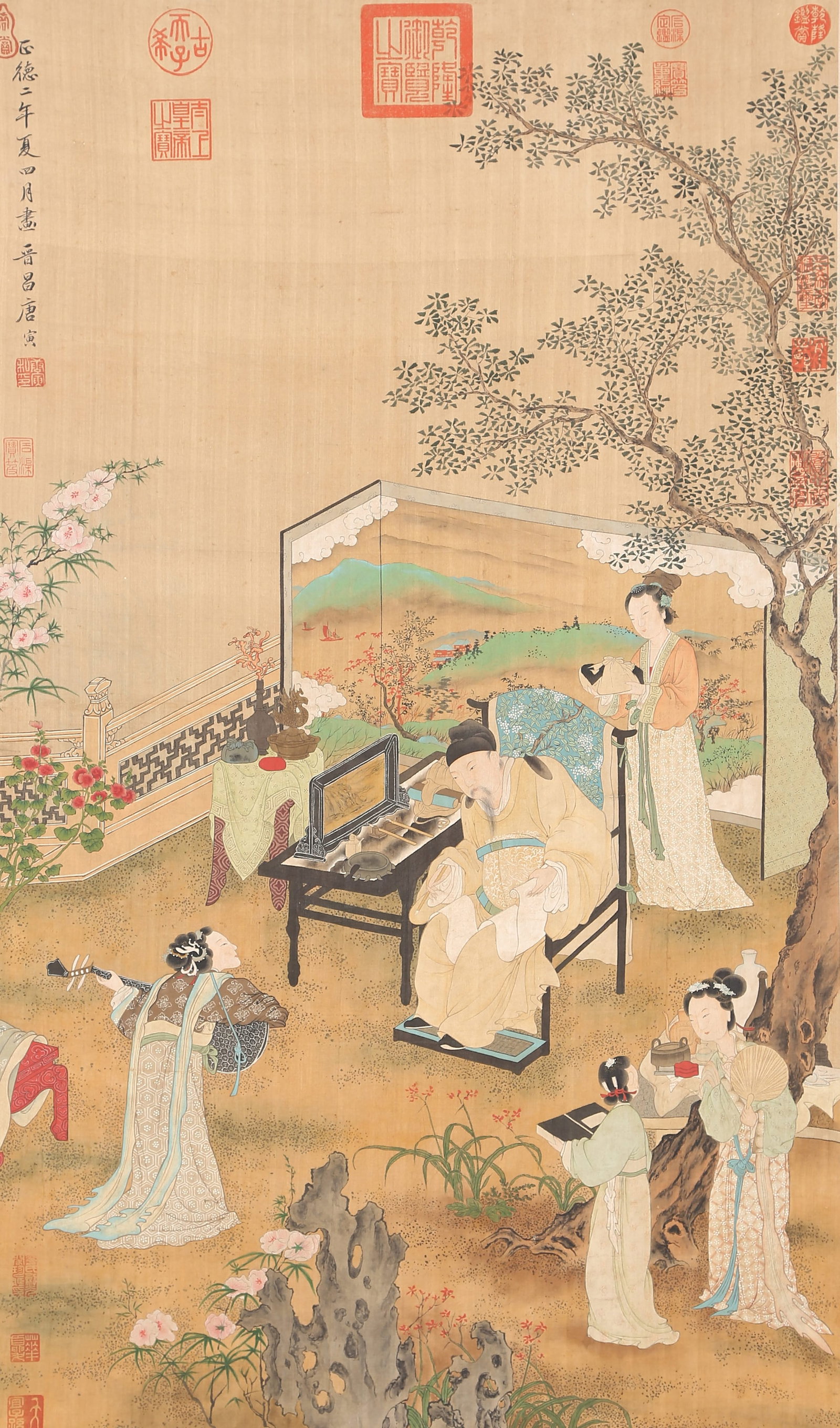 A FIGURE PAINTING ON SILK BY TANG BOHU.唐伯虎: Figure Painting on Silk by Tang Bohu.唐伯虎