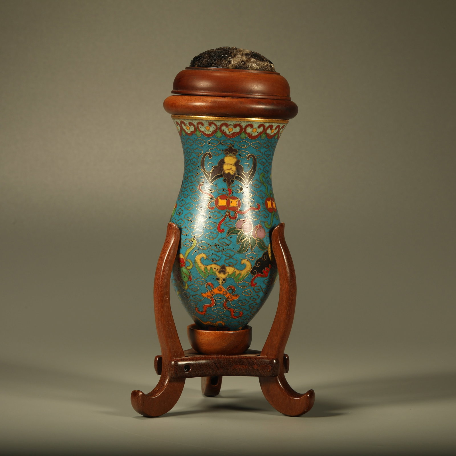 A CLOISONNÉ CRICKET JAR WITH BLESSING AND LONGEVITY MOTIFS: Cloisonné Cricket Jar with Blessing and Longevity Motifs