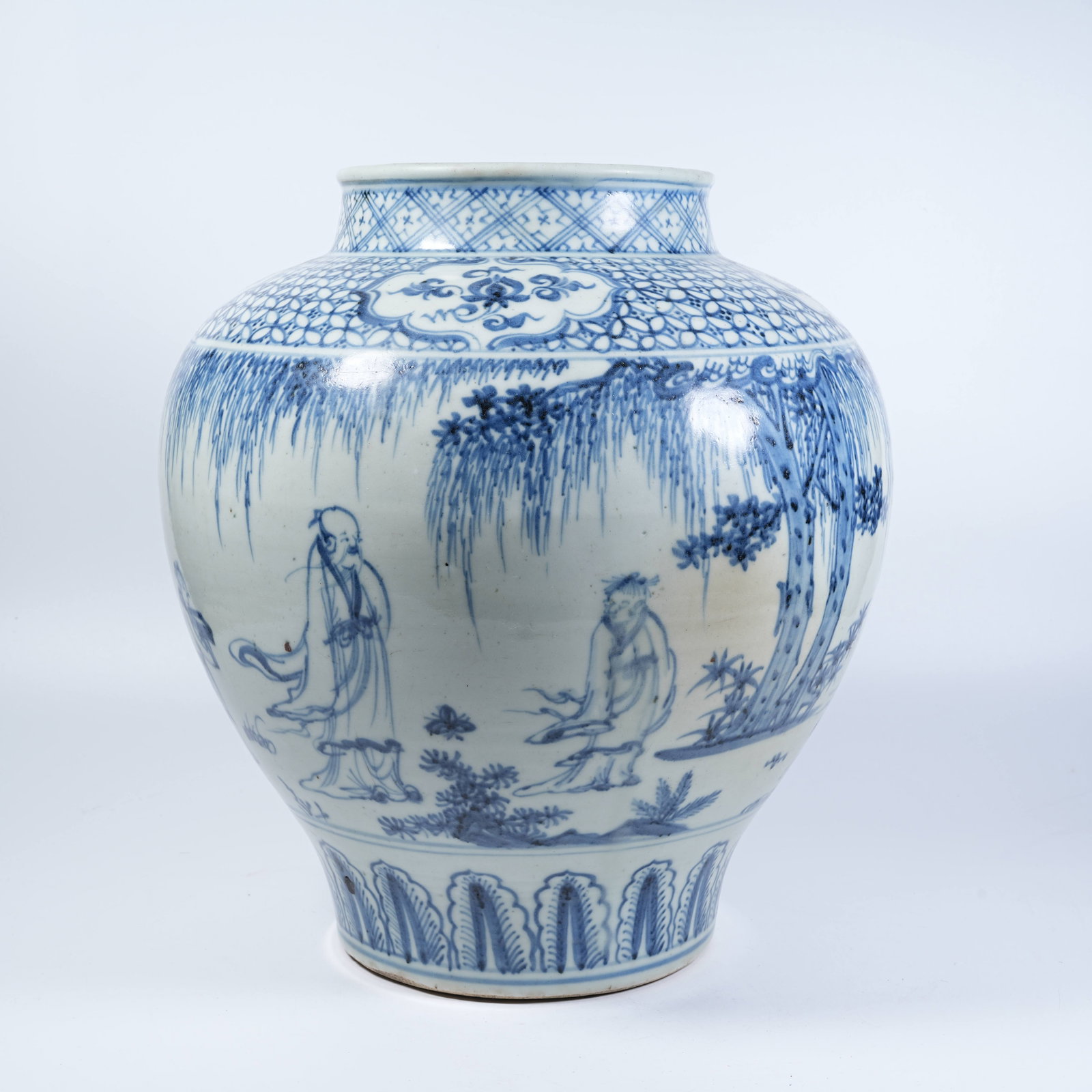 A JAR WITH BLUE AND WHITE NARRATIVE FIGURE MOTIFS: Jar with Blue and White Narrative Figure Motifs
