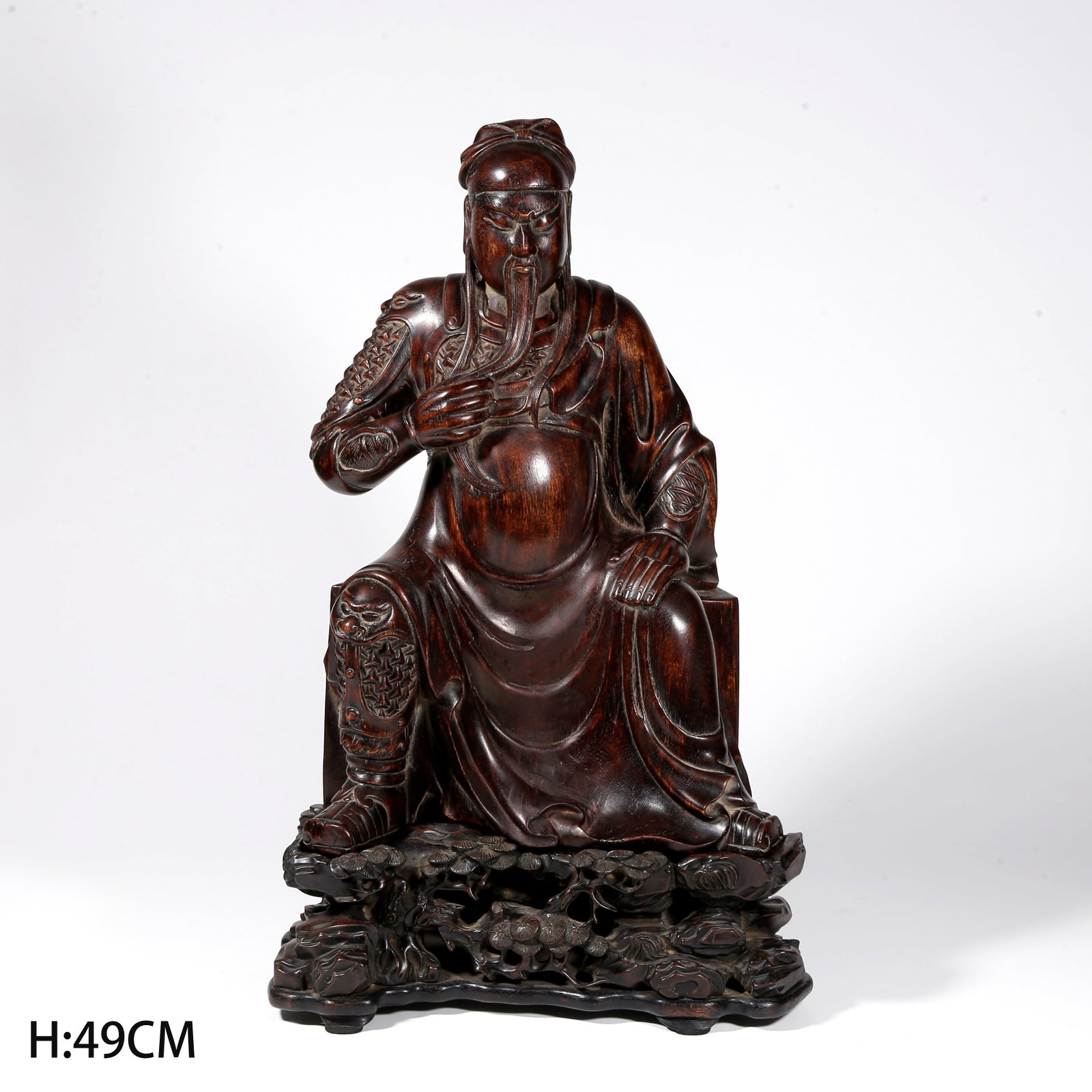 A HUANGHUALI WOOD CARVED GUAN GONG STATUE: Huanghuali Wood Carved Guan Gong Statue