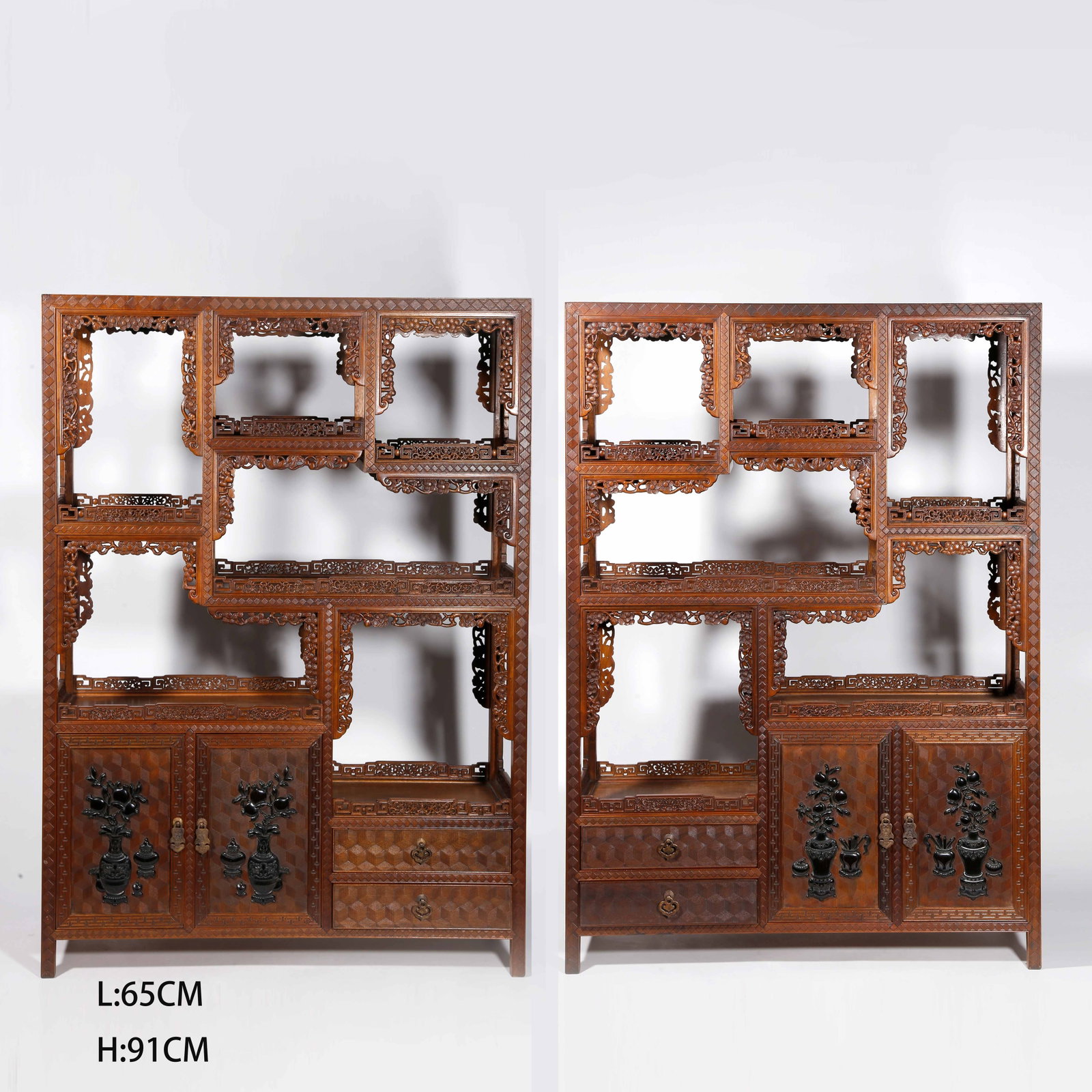 A GOLDEN NAN WOOD TREASURE DISPLAY CABINETS (SET) (1 of 11)