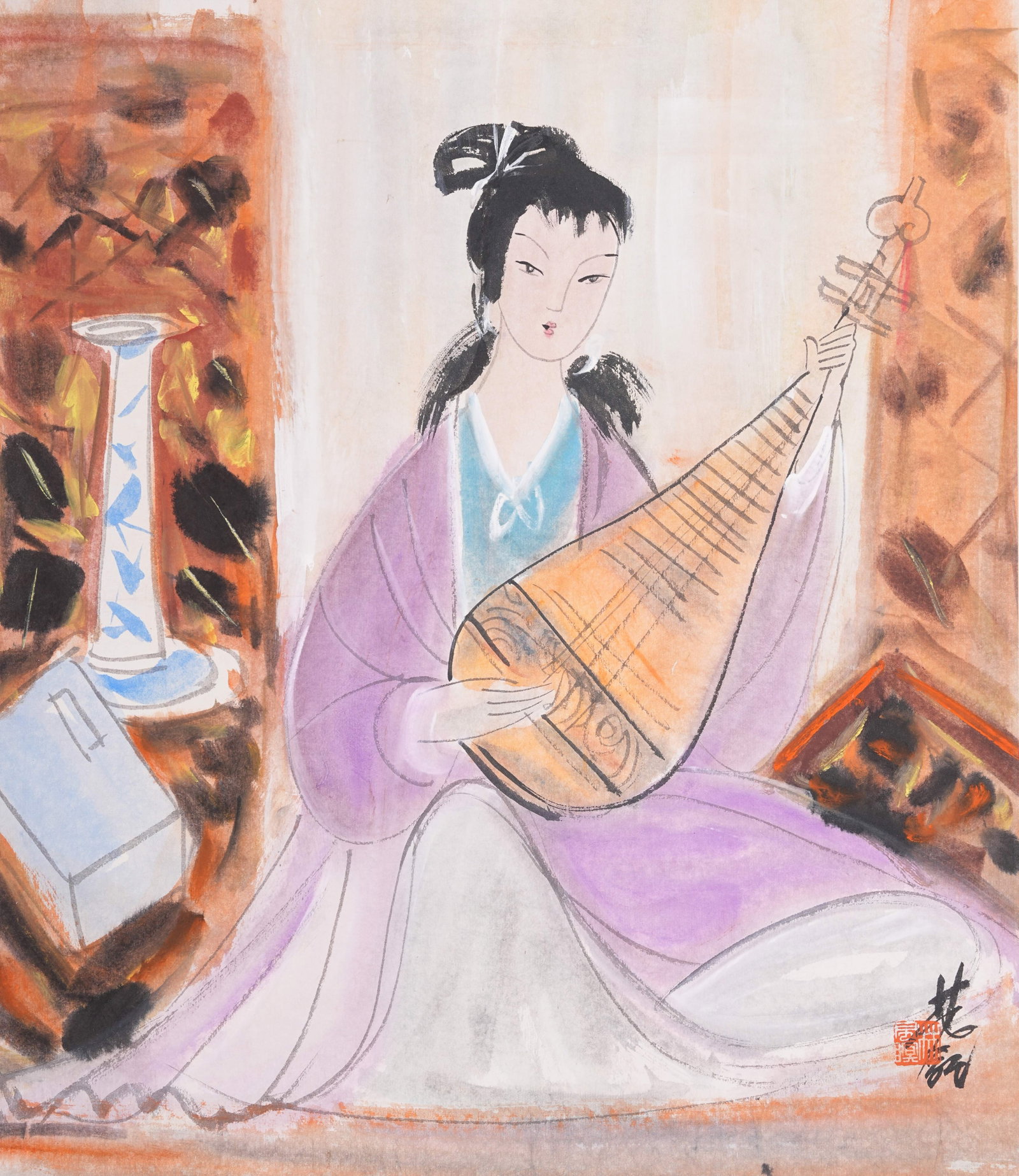 A BEAUTY PAINTING ON PAPER BY LIN FENGMIAN.林風眠: Beauty Painting on Paper by Lin Fengmian.林風眠