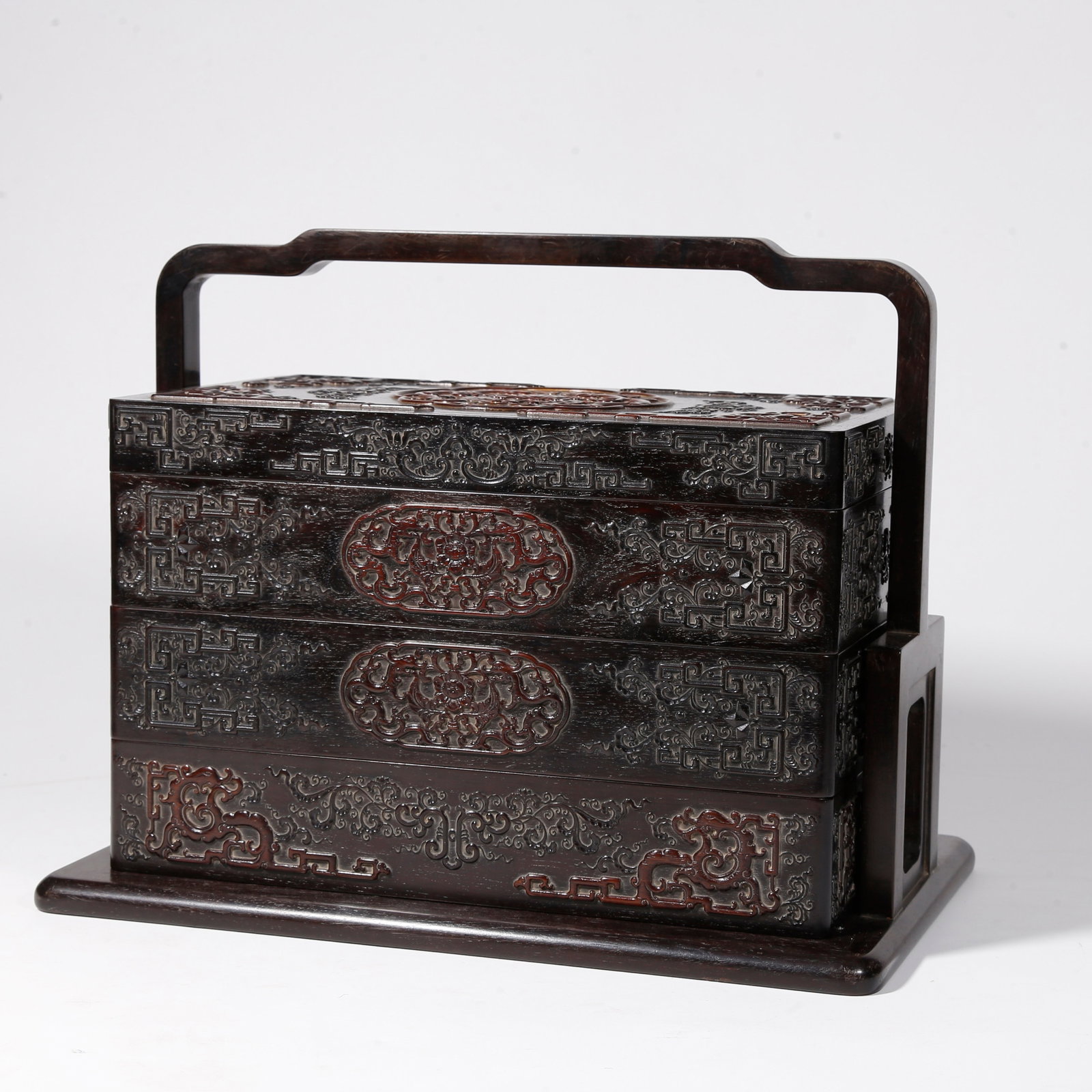 A RED SANDALWOOD CARVED DRAGON PATTERN CARRY BOX (1 of 10)