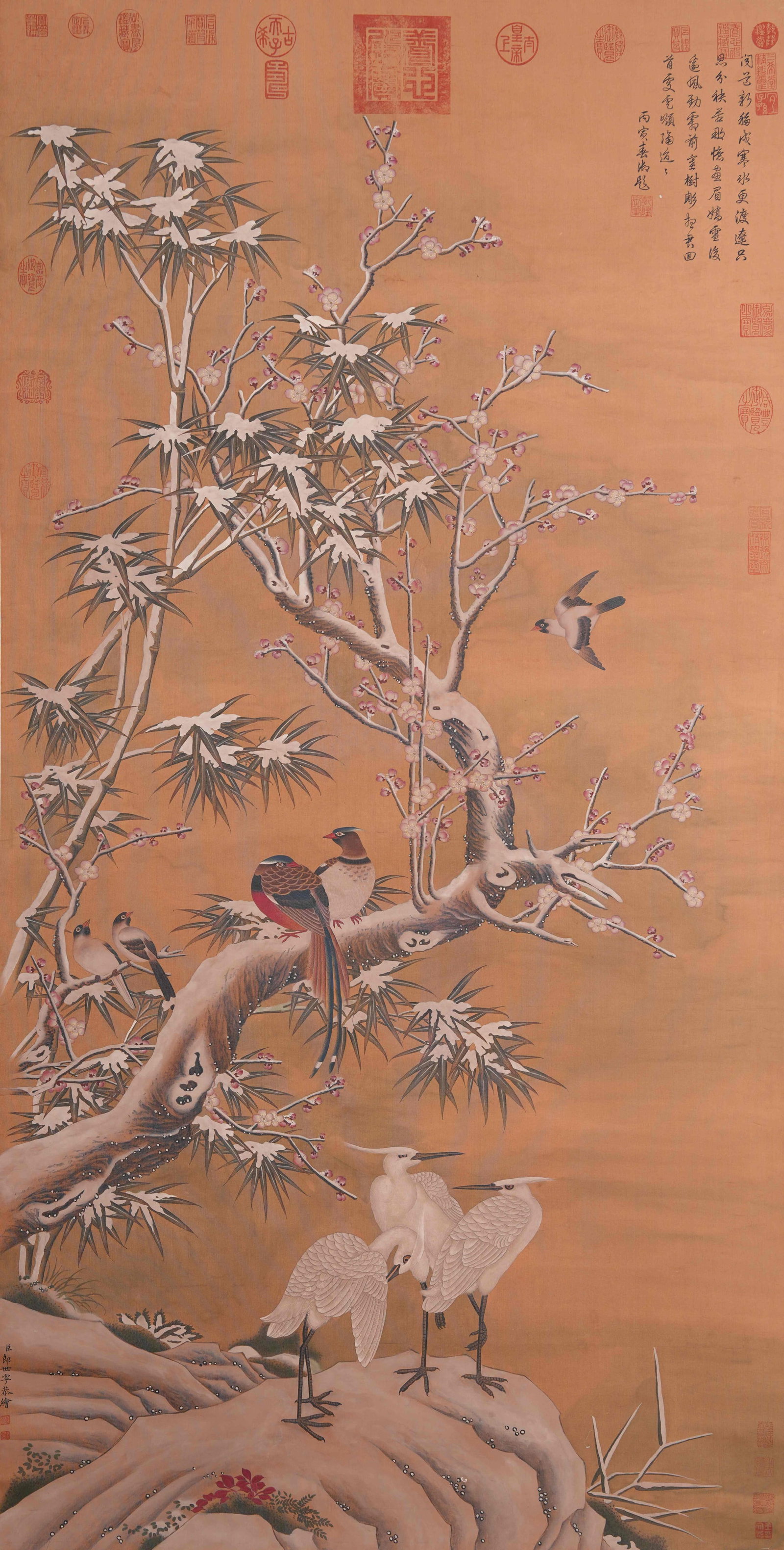 A FLOWER-AND-BIRD PAINTING ON SILK BY GIUSEPPE CASTIGLIONE.郎世寧: Flower-and-Bird Painting on Silk by Giuseppe Castiglione.郎世寧