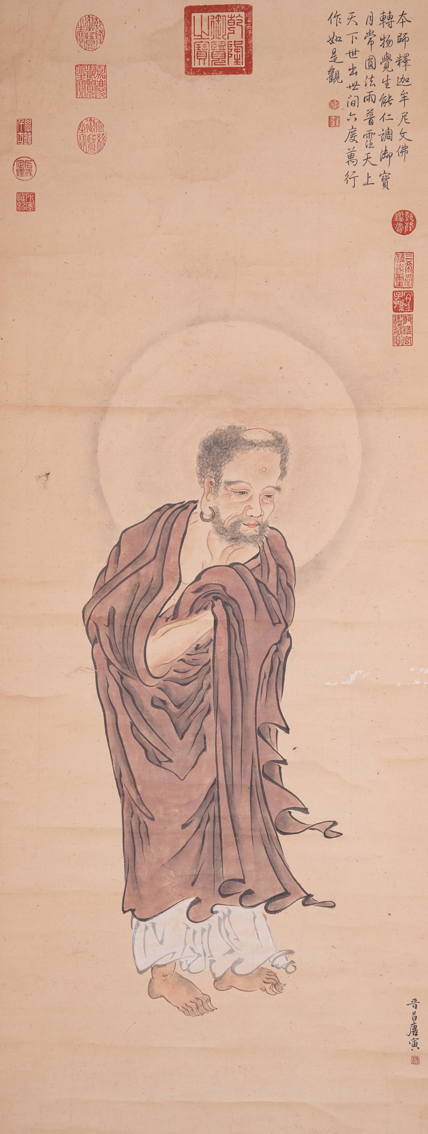 A ARHAT PAINTING ON PAPER BY TANG BOHU.唐伯虎: Arhat Painting on Paper by Tang Bohu.唐伯虎