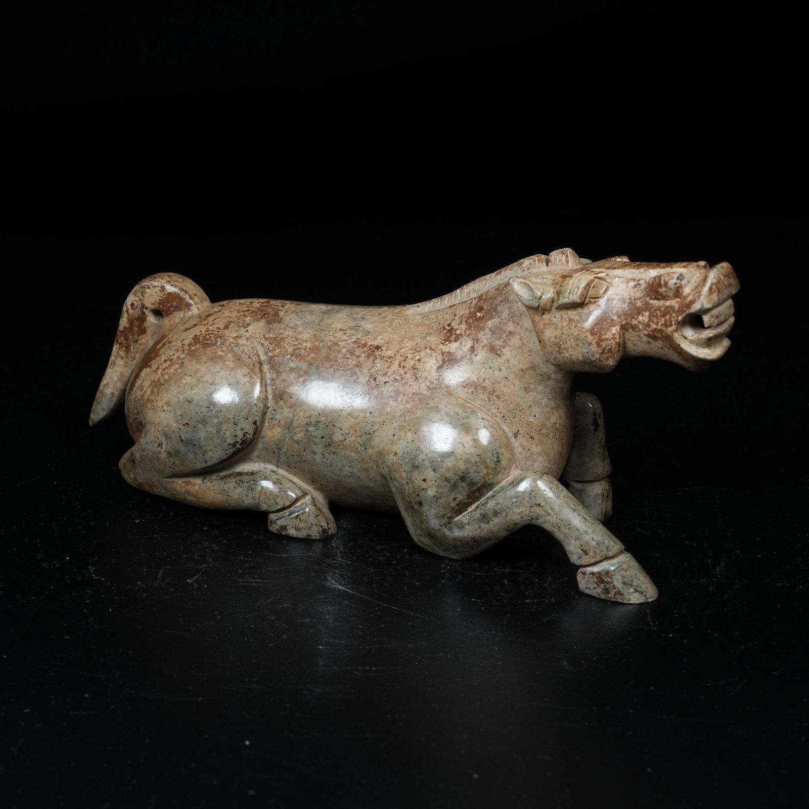 A ARCHAIC JADE RECUMBENT HORSE ORNAMENT: Archaic Jade Recumbent Horse Ornament