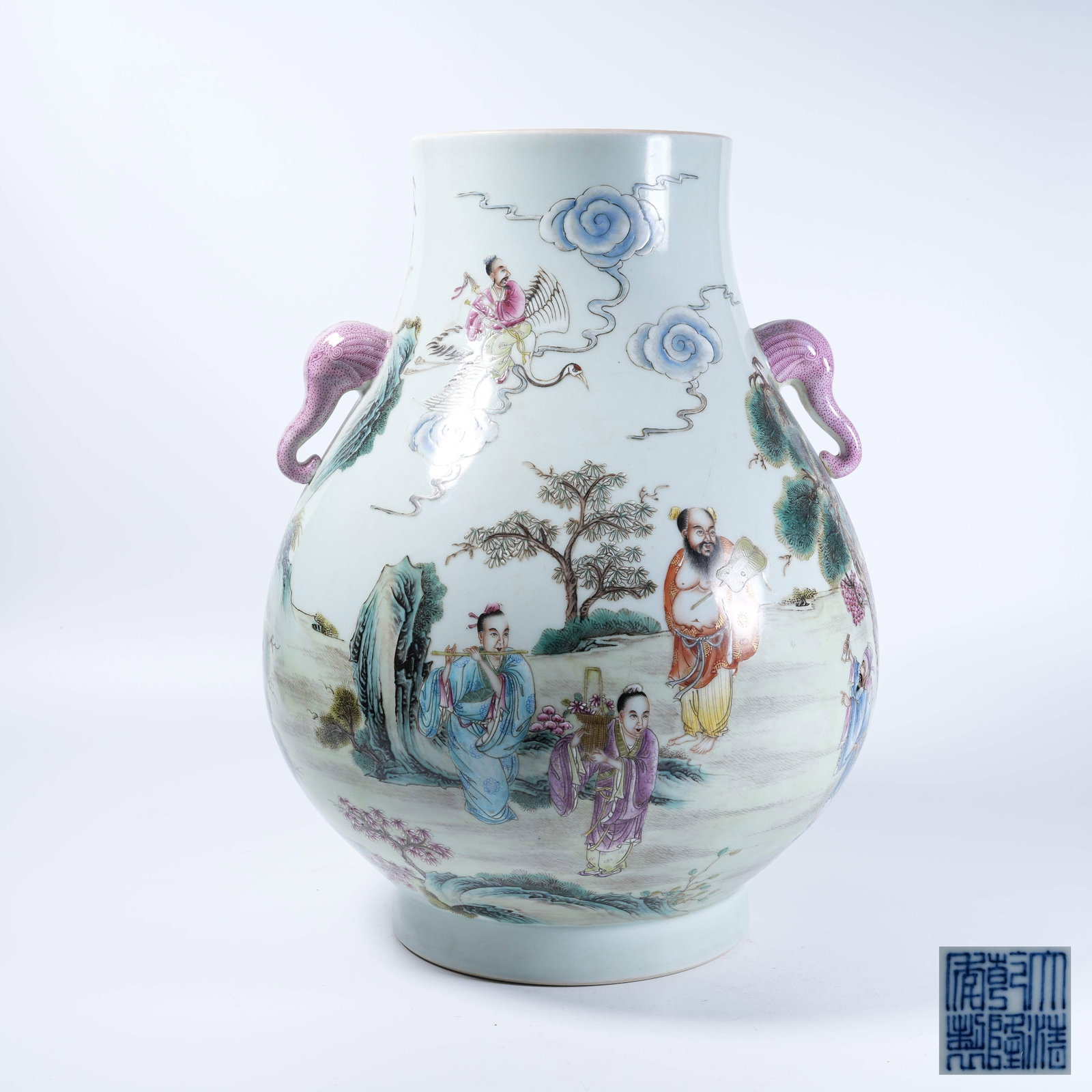 A ELEPHANT EARED ZUN WITH FAMILLE ROSE EIGHT IMMORTALS MOTIFS: Elephant Eared Zun with Famille Rose Eight Immortals Motifs