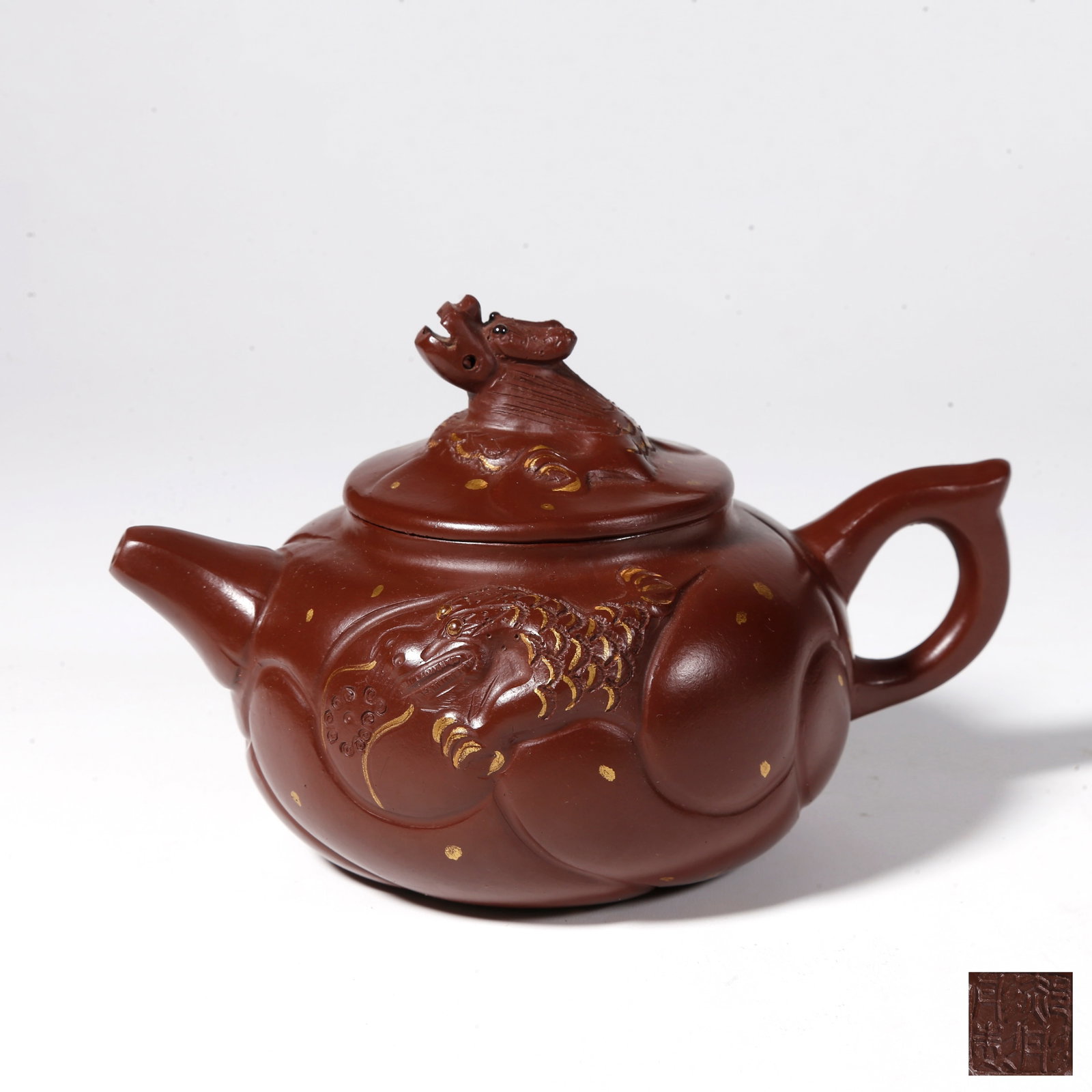 A ZISHA EWER CARVED WITH DRAGON PATTERN: Zisha Ewer Carved with Dragon Pattern