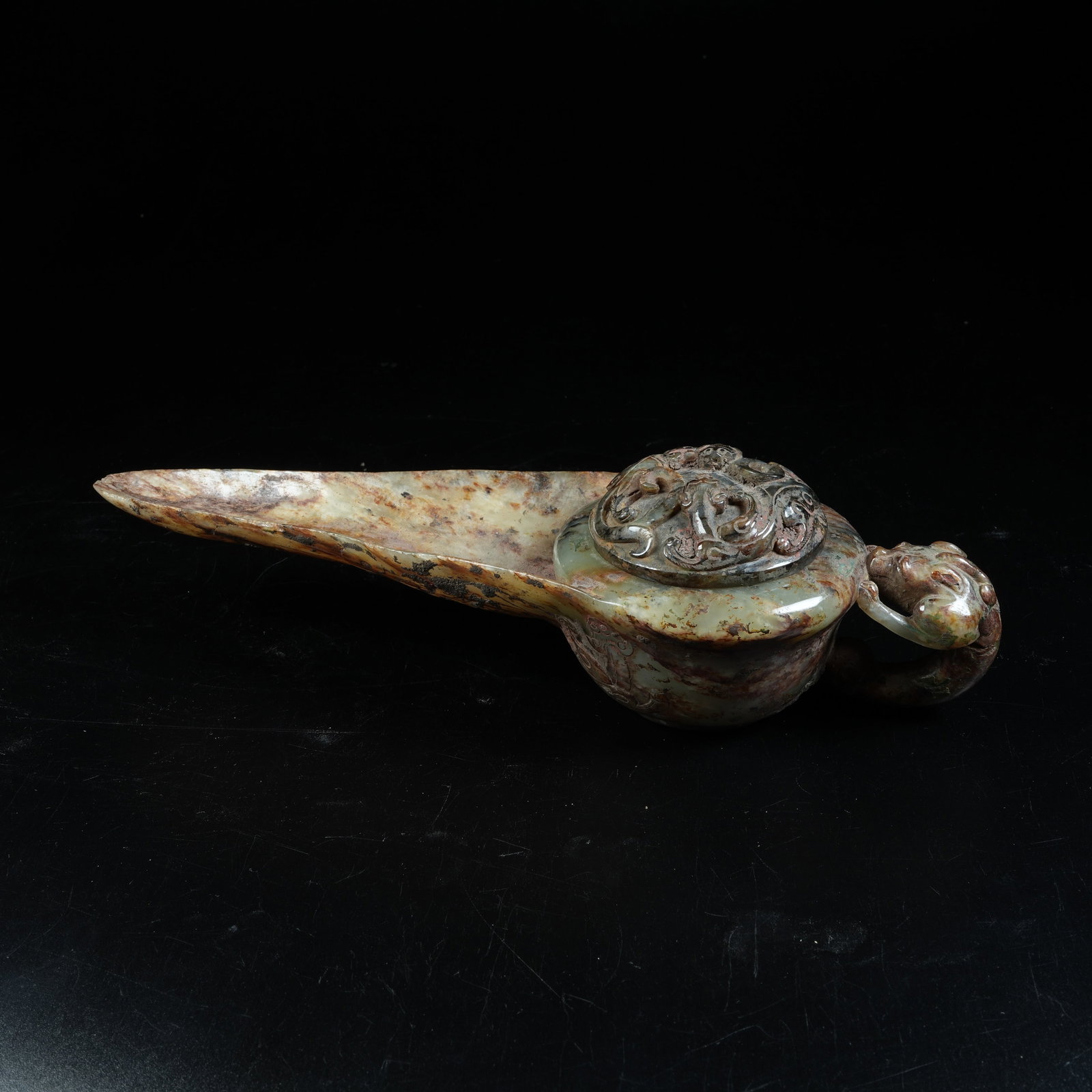 A ANCIENT JADE HANDLED POT WITH BEAST HANDLE AND DRAGON KNOB: Ancient Jade Handled Pot with Beast Handle and Dragon Knob