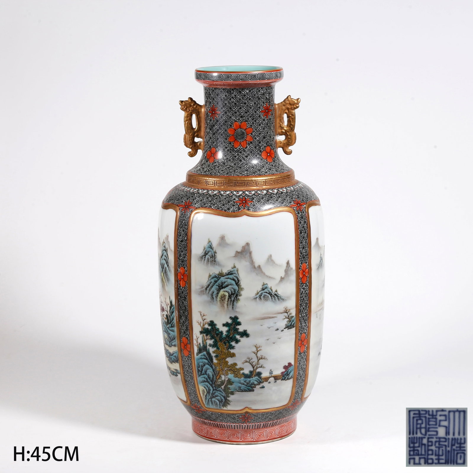 A FAMILLE ROSE TWO-DRAGON-EARED VASE WITH LANDSCAPE PATTERN: Famille Rose Two-Dragon-Eared Vase with Landscape Pattern