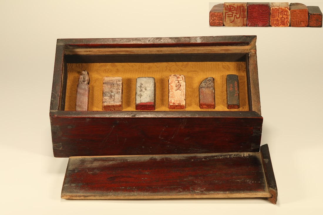 A SET OF SIX QINGTIAN STONE SEALS WITH POEM INSCRIPTIONS (1 of 7)