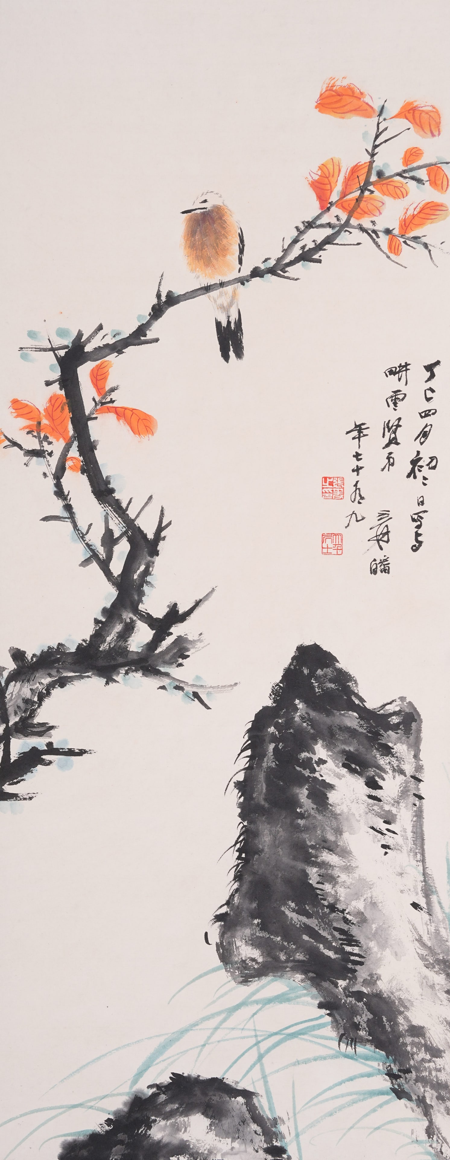 A FLOWER-AND-BIRD PAINTING ON PAPER BY ZHANG DAQIAN.張大千: Flower-and-Bird Painting on Paper by Zhang Daqian.張大千