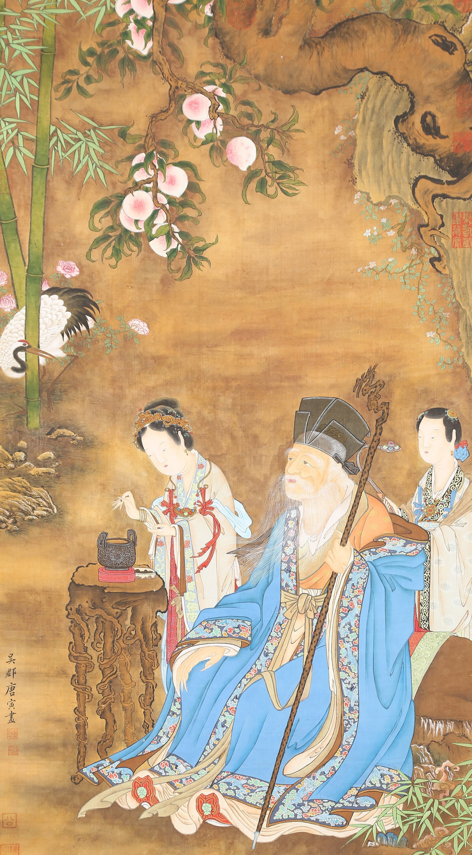 A FIGURE PAINTING ON SILK BY TANG BOHU.唐伯虎: Figure Painting on Silk by Tang Bohu.唐伯虎