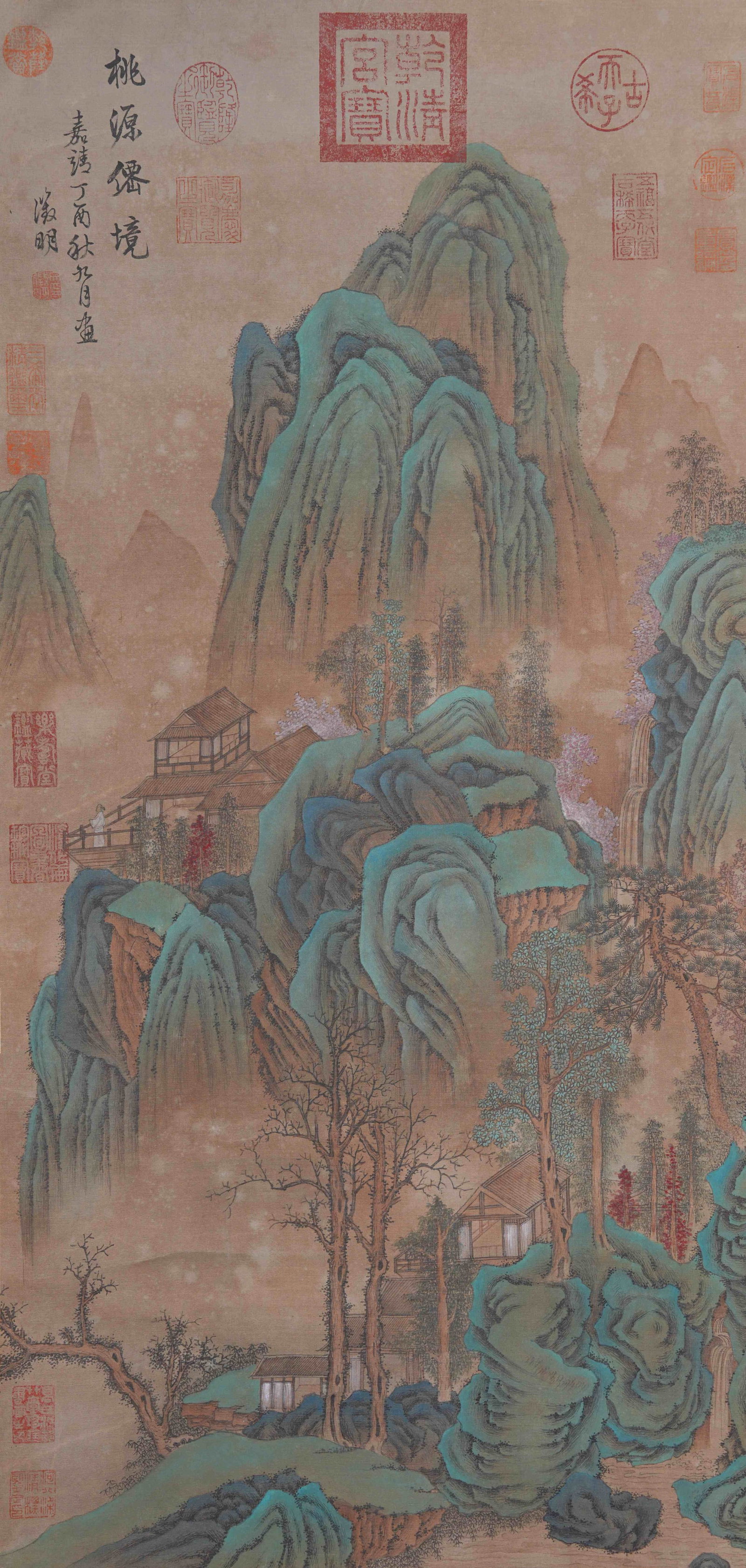 A PEACH BLOSSOM FAIRYLAND PAINTING ON SILK BY WEN ZHENGMING.文徵明: Peach Blossom Fairyland Painting on Silk by Wen Zhengming.文徵明