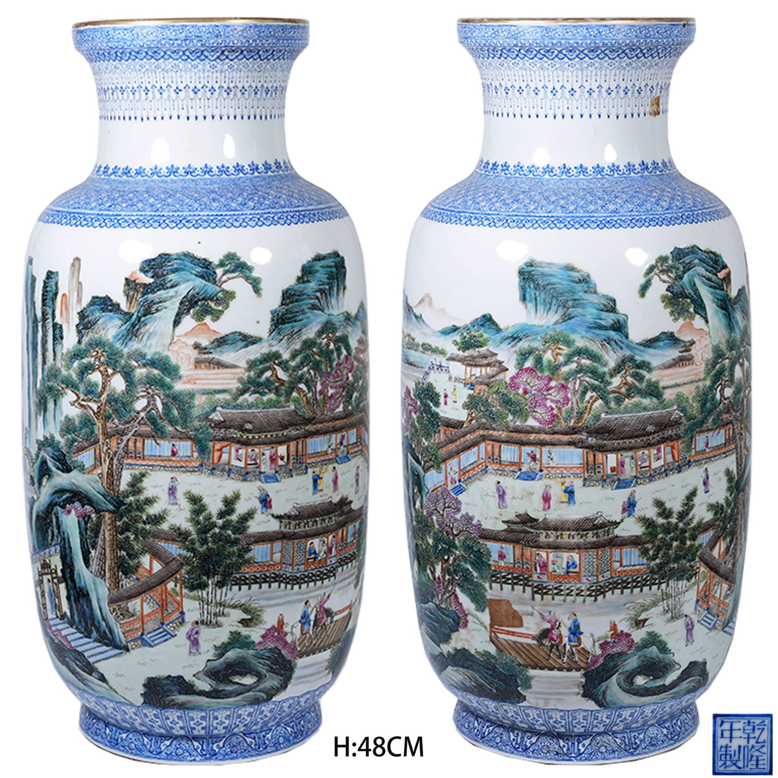 A GROUP OF LARGE FAMILLE-ROSE LANTERN-SHAPED VASES WITH LANDSCAPE COURTYARD AND FIGURE PATTERN (1 of 12)