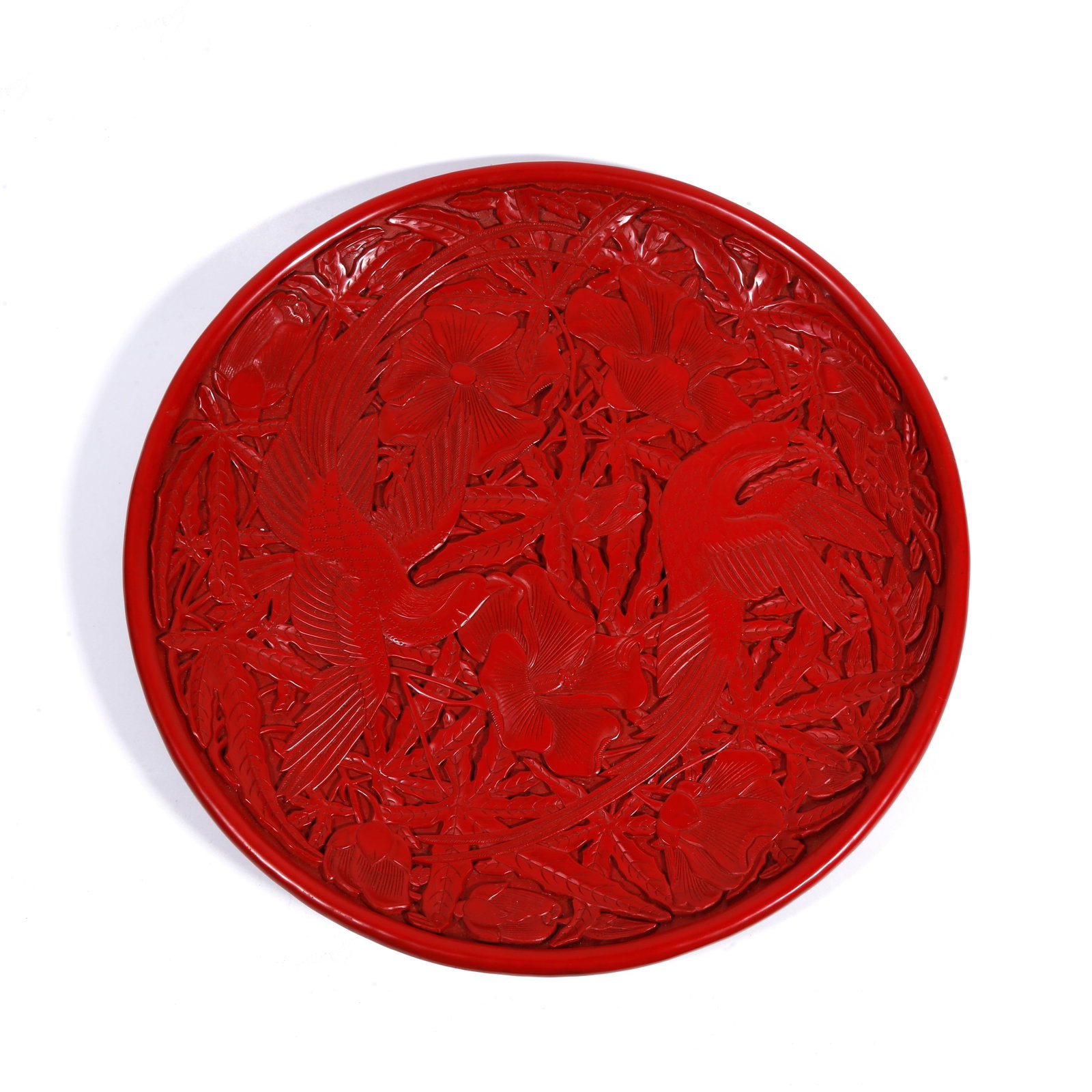 A CARVED-RED PLATE WITH FLOWER-AND-BIRD PATTERN (1 of 10)
