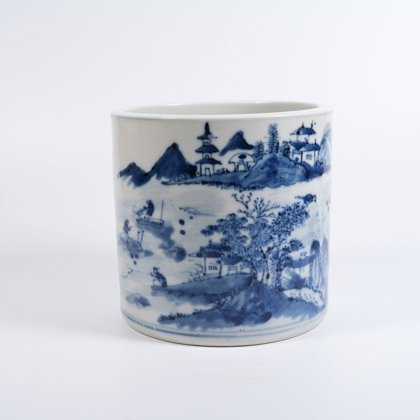 A BLUE-AND-WHITE WRITING-BRUSH POT WITH LANDSCAPE PATTERN (1 of 9)