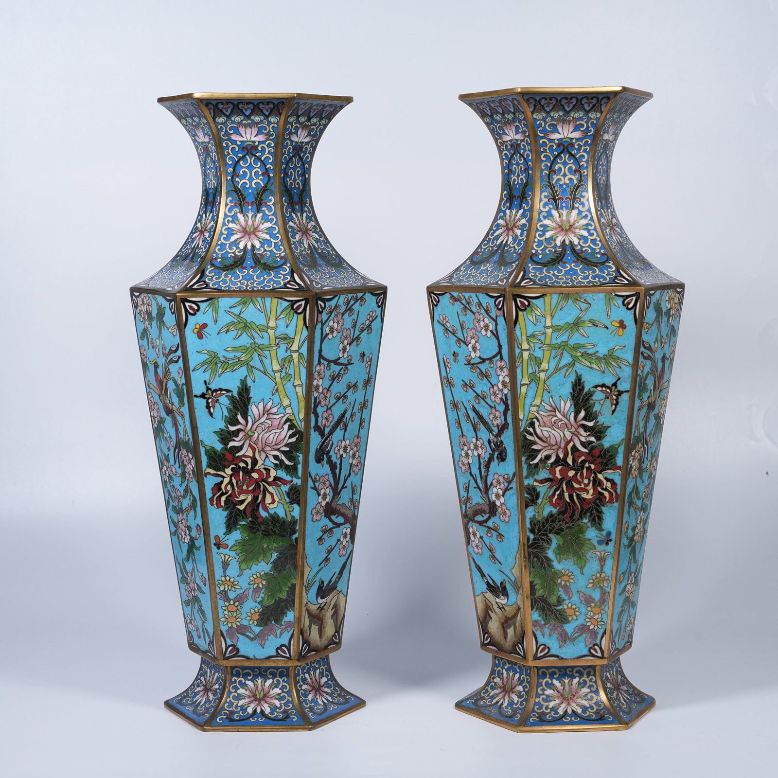 A GROUP OF COPPER-BODY CLOISONNE HEXAGONAL VASES WITH FLOWER-AND-BIRD PATTERN (1 of 8)