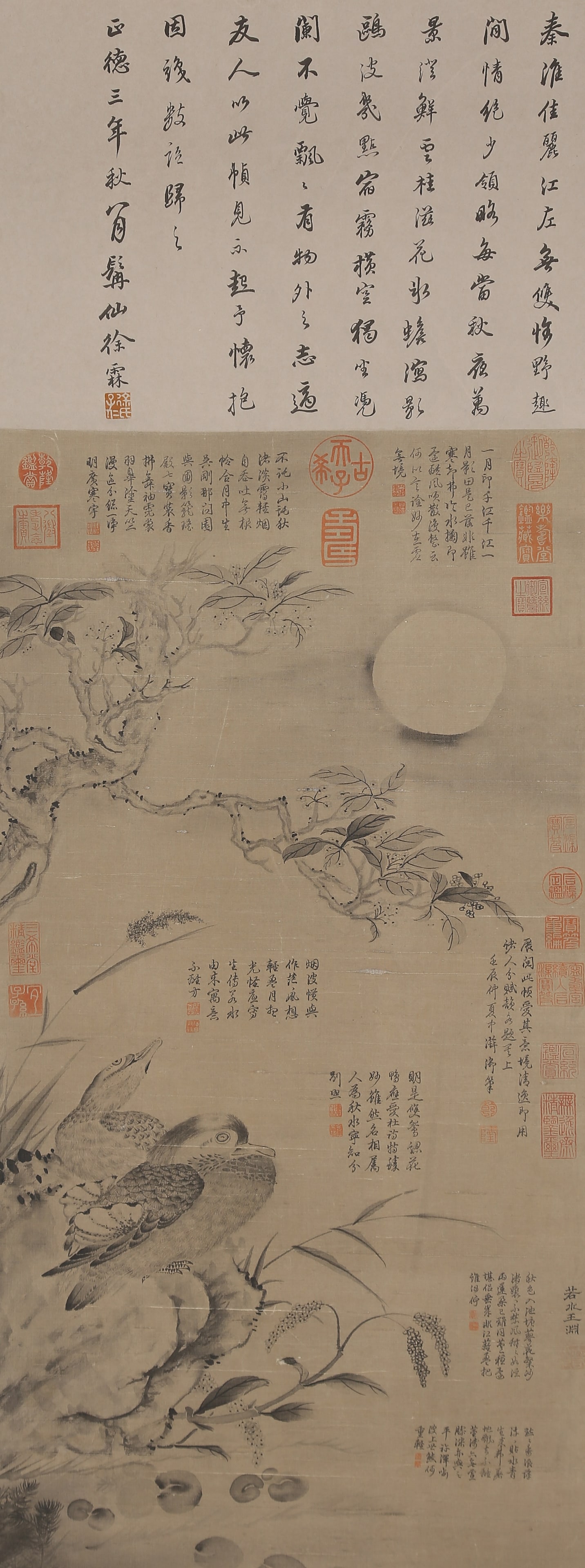A FLOWERS AND BIRDS PAINTING ON SILK BY WANG YUAN.王淵: Flowers and Birds Painting on Silk by Wang Yuan.王淵