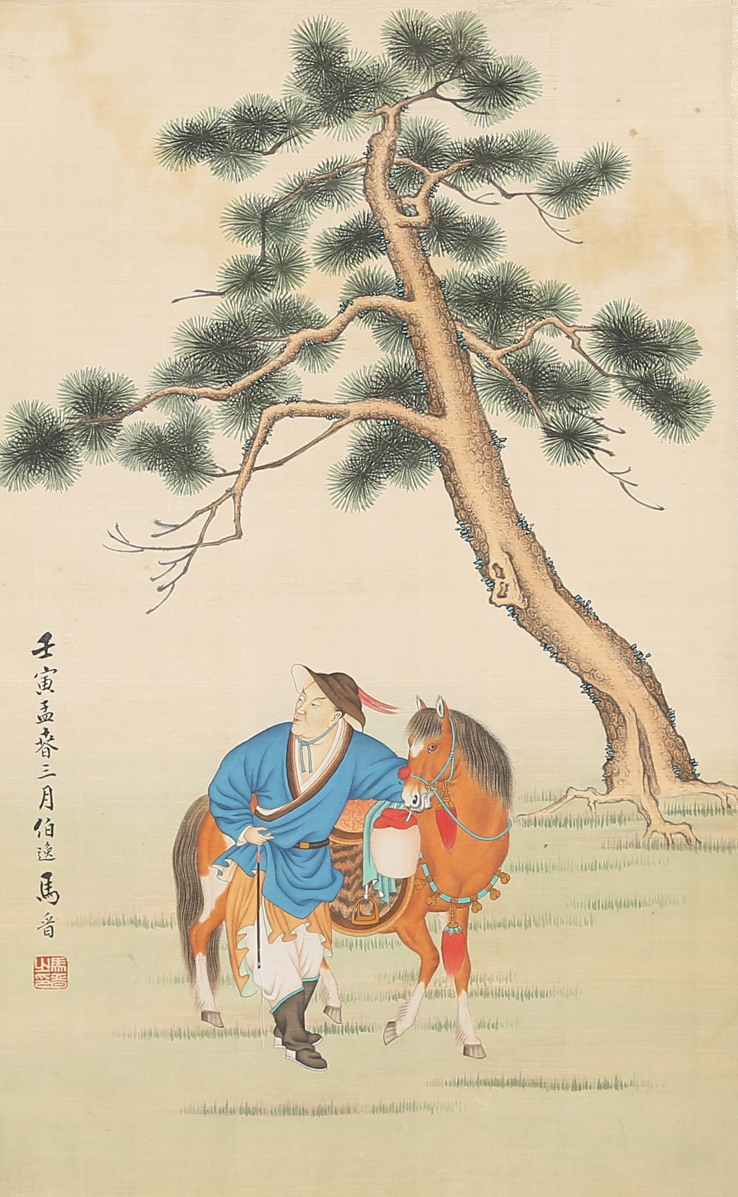 A HORSES AND FIGURES PAINTING MOUNTED AS SCROLL CENTER ON SILK BY MA JIN.馬晉 (1 of 9)