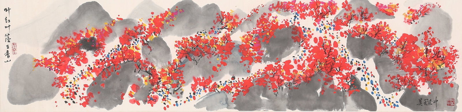 A PAINTING MOUNTED AS SCROLL CENTER ON PAPER, RED LEAVES DESCENDING AT FRAGRANT HILLS BY WU: Painting Mounted as Scroll Center on Paper, Red Leaves Descending at Fragrant Hills by Wu Guanzhong.吳冠中