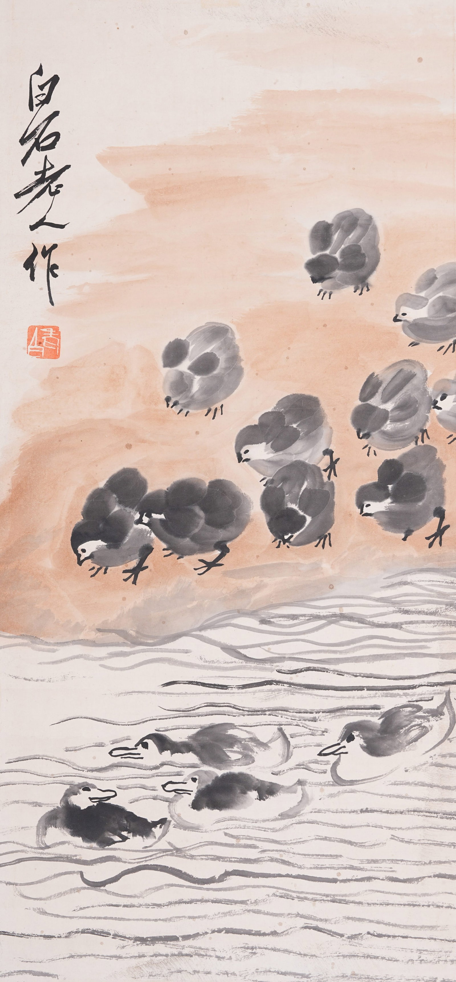 A YOUNG CHICKS PAINTING ON PAPER BY QI BAISHI.齊白石: Young Chicks Painting on Paper by Qi Baishi.齊白石