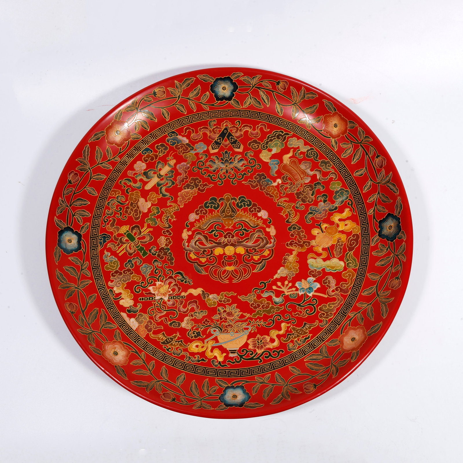 A CARVED-RED PAINTED PLATE WITH EIGHT-TREASURE PATTERN (1 of 9)