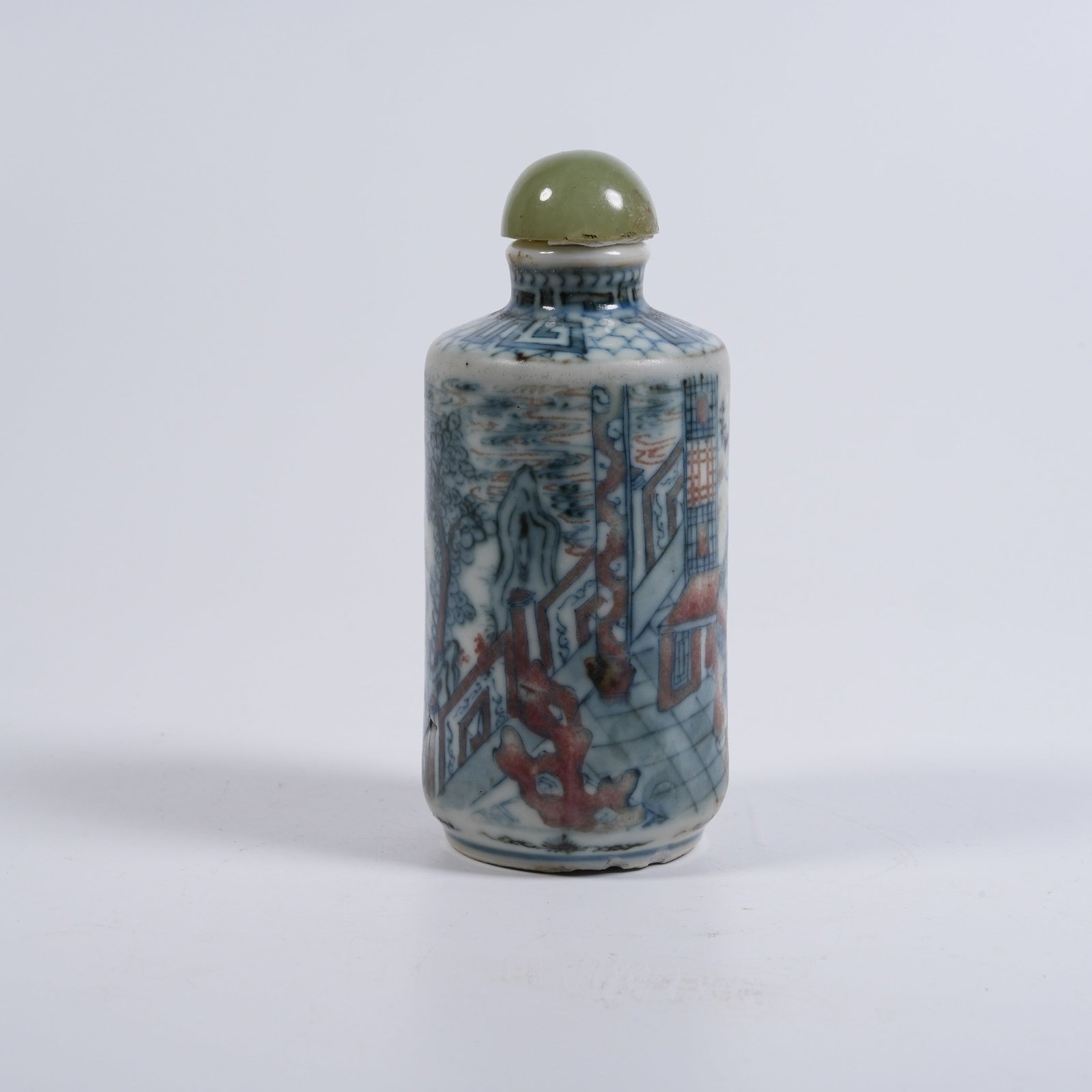 A BLUE-AND-WHITE UNDERGLAZE-RED SNUFF BOTTLE WITH FIGURE-STORY PATTERN (1 of 9)