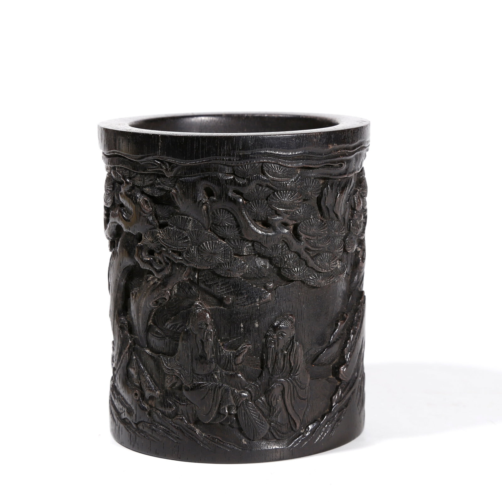 A AGARWOOD CARVED BRUSH POT WITH NARRATIVE FIGURE MOTIFS (1 of 9)