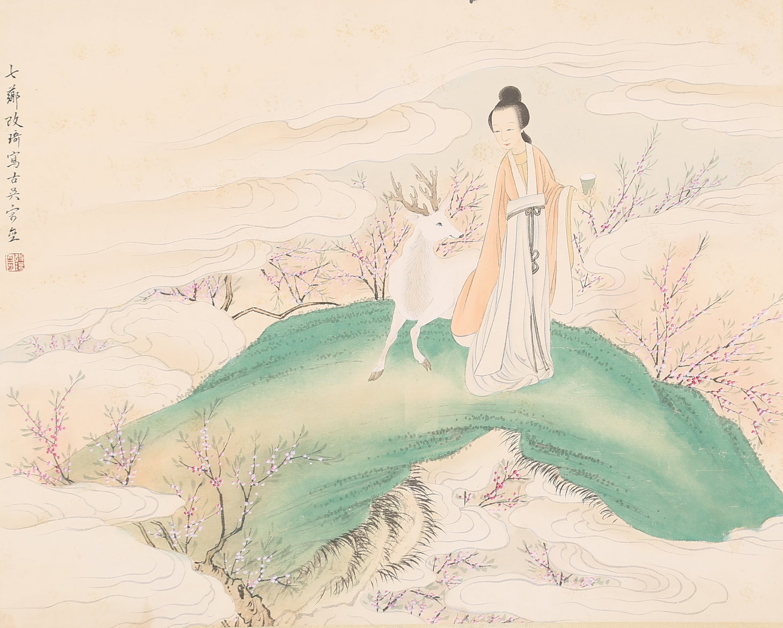 A FIGURE PAINTING ON PAPER BY GAI QI.改琦: Figure Painting on Paper by Gai Qi.改琦