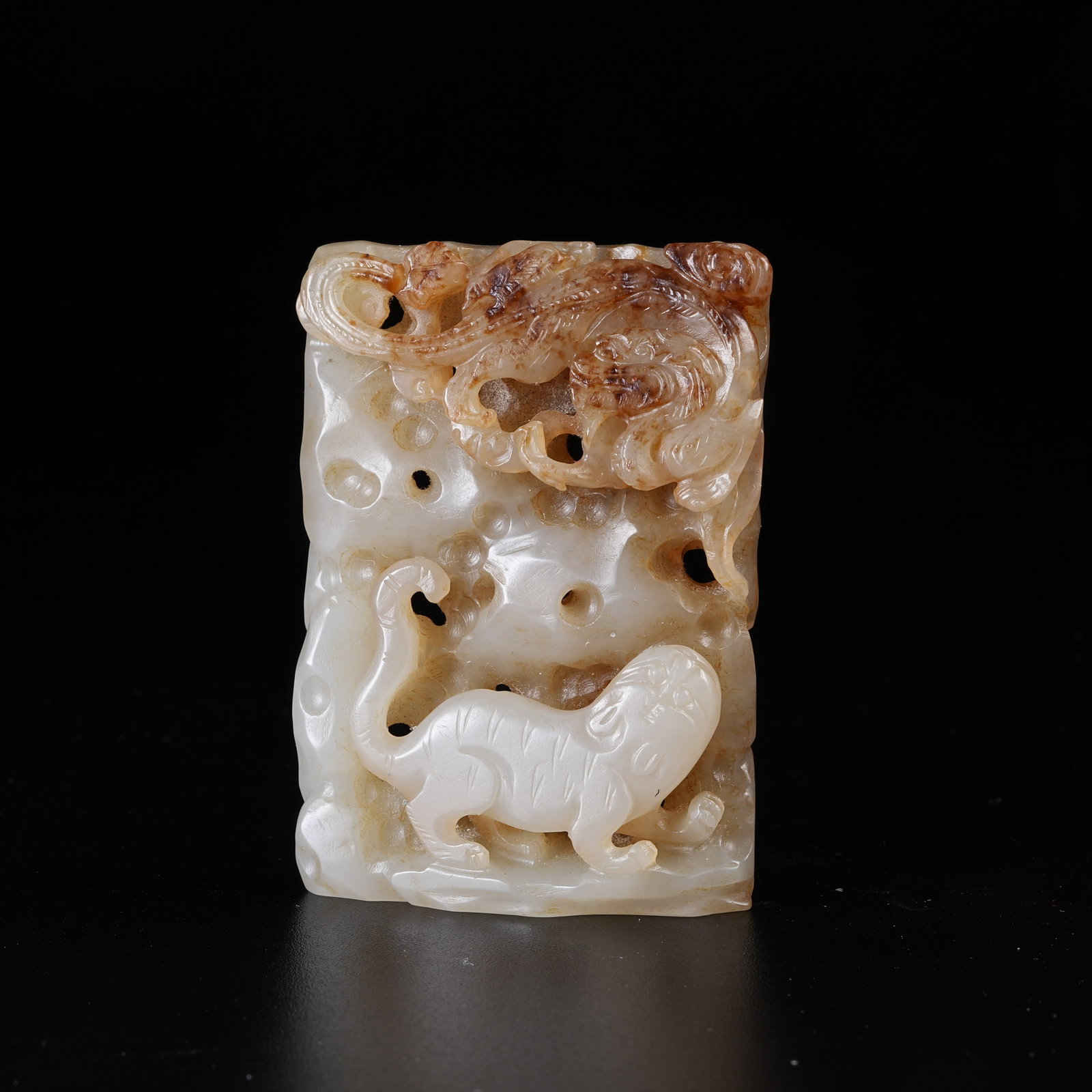 A HETIAN JADE PLAQUE WITH TIGER PATTERN: Hetian Jade Plaque with Tiger Pattern