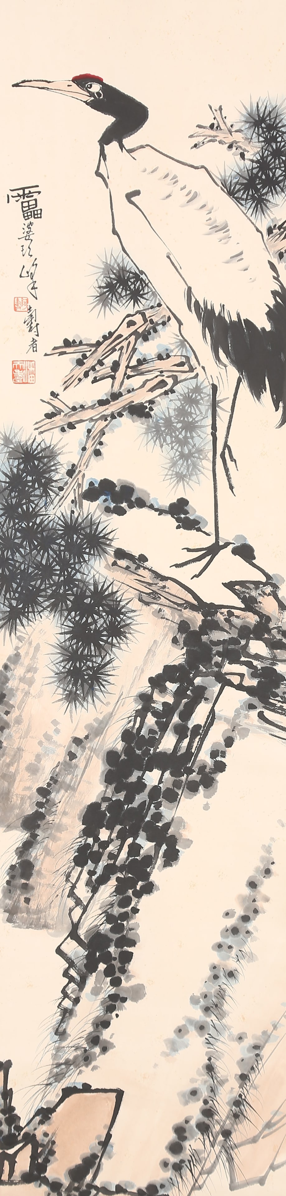 A PINE AND CRANE PAINTING ON PAPER BY PAN TIANSHOU.潘天壽: Pine and Crane Painting on Paper by Pan Tianshou.潘天壽