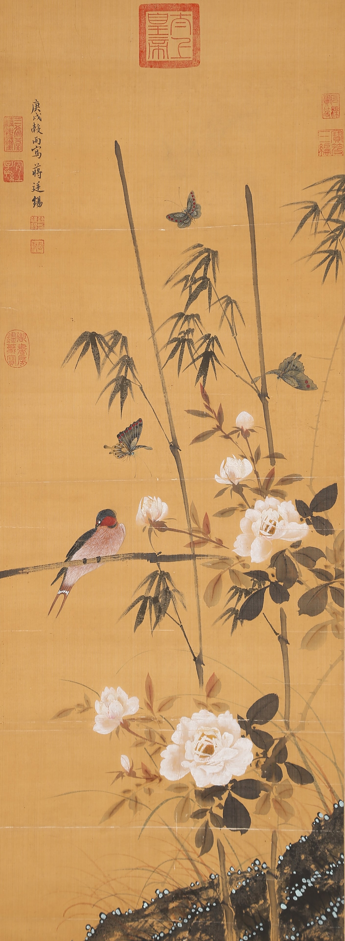 A FLOWERS AND BIRDS PAINTING ON SILK BY JIANG TINGXI.蔣廷錫: Flowers and Birds Painting on Silk by Jiang Tingxi.蔣廷錫