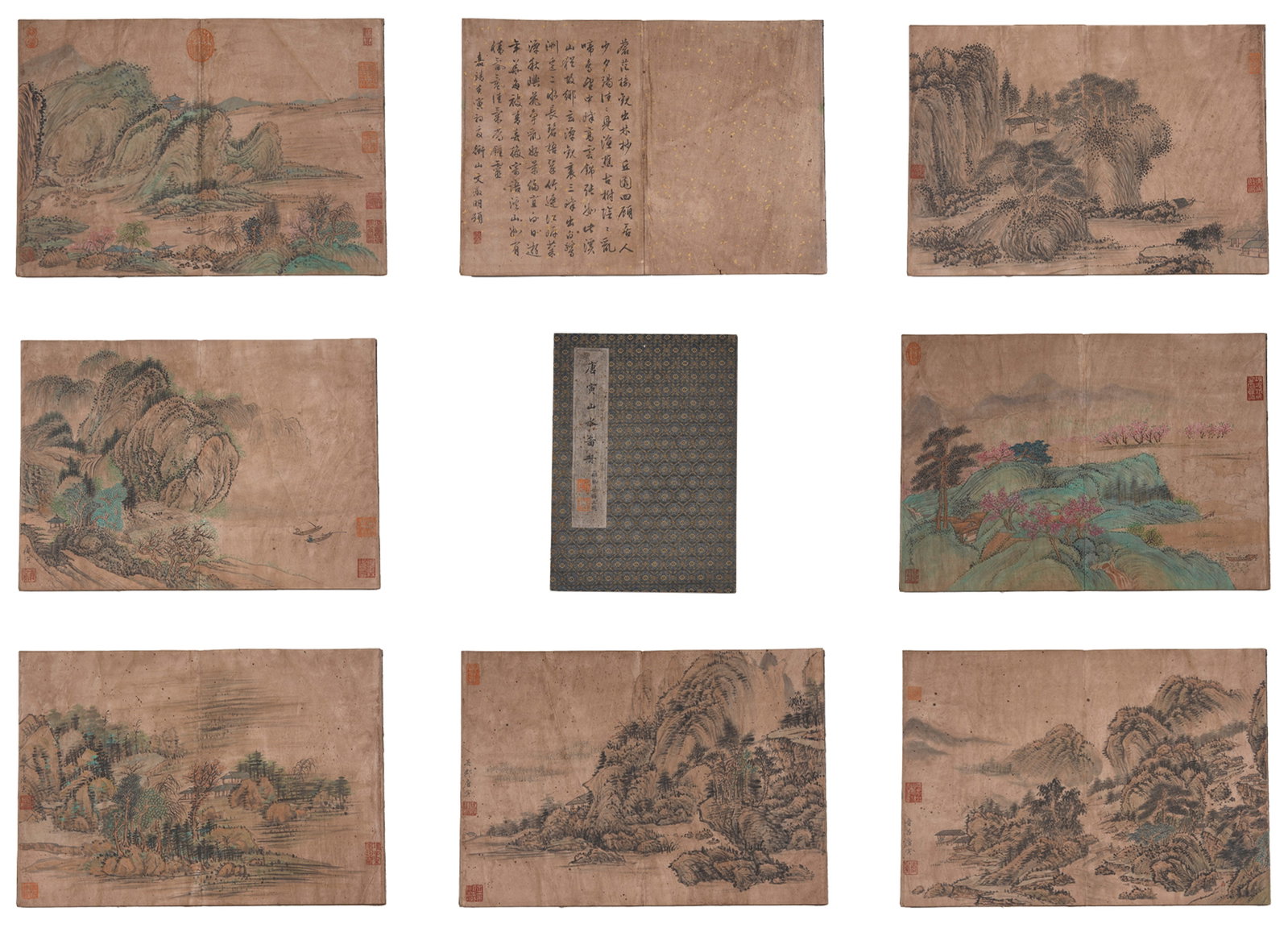 A LANDSCAPE PAINTINGS ALBUM ON PAPER BY TANG BOHU (TWELVE LEAVES).唐伯虎: Landscape Paintings Album on Paper by Tang Bohu (twelve leaves).唐伯虎