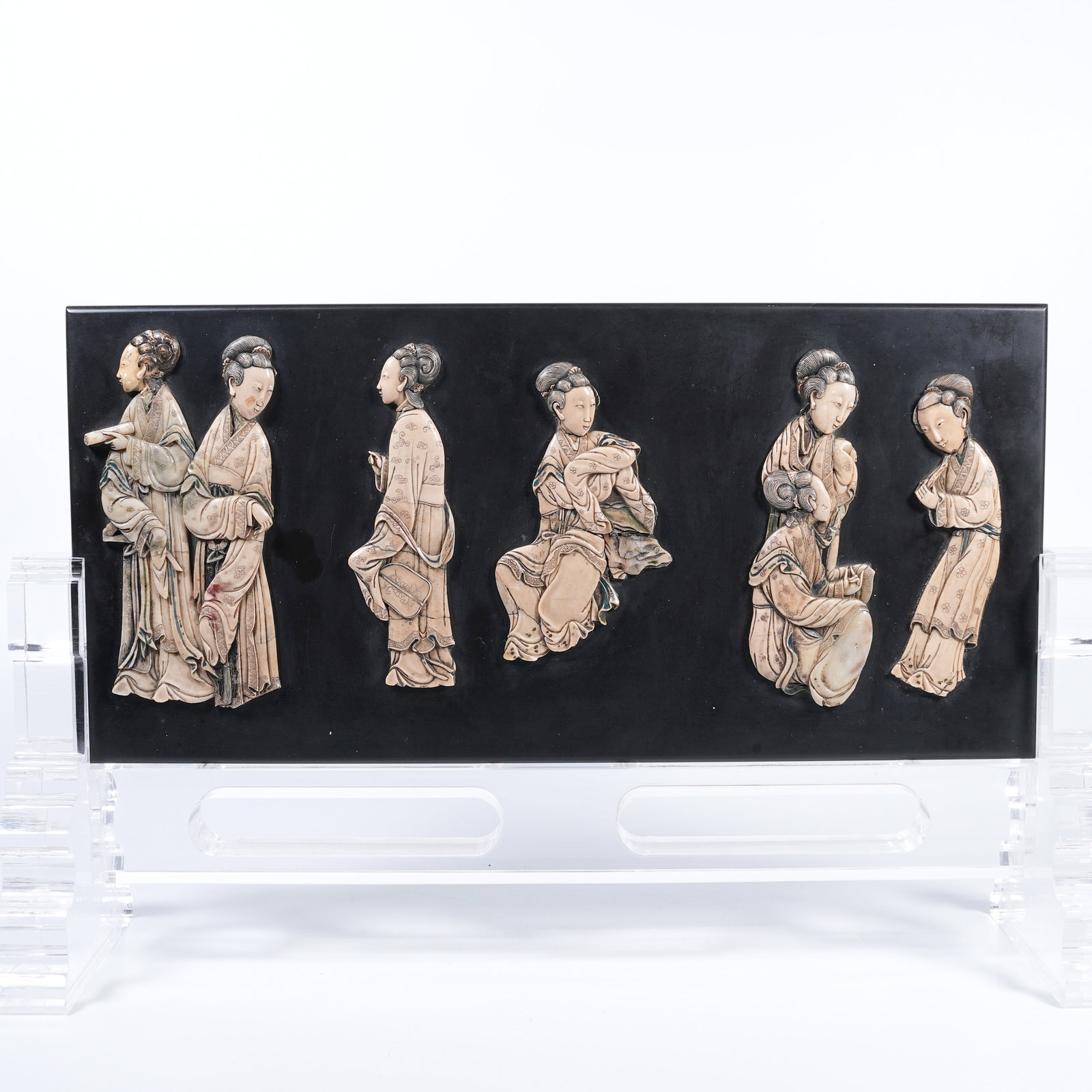 A LACQUER PANEL INLAID WITH SHOUSHAN STONE FEATURING LADY FIGURE MOTIF (1 of 7)