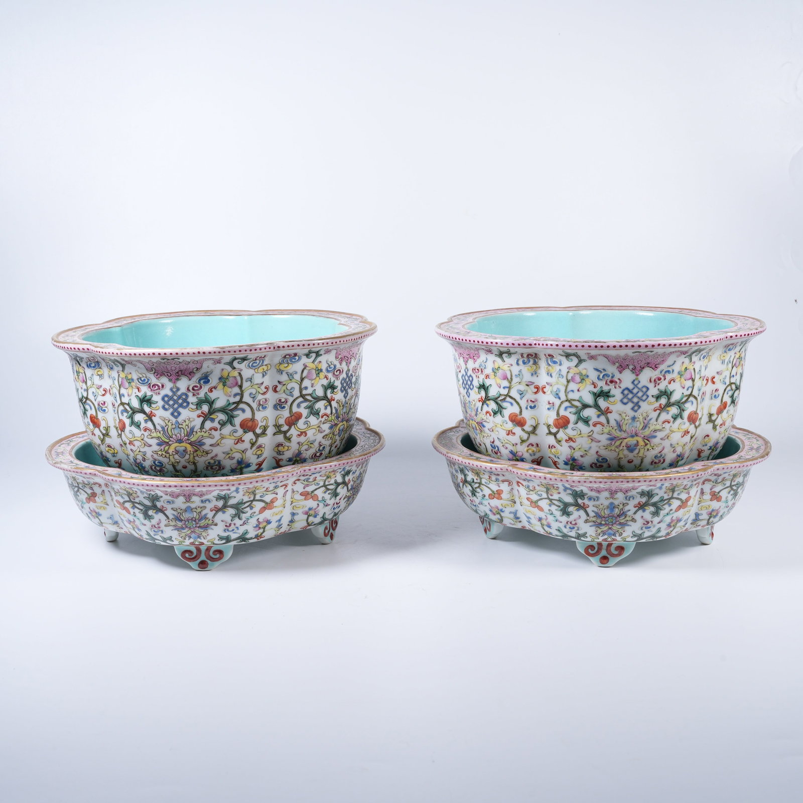 A PAIR OF FAMILLE-ROSE FLOWER POTS WITH INTERLOCKING BAOXIANG FLORAL PATTERN (1 of 9)
