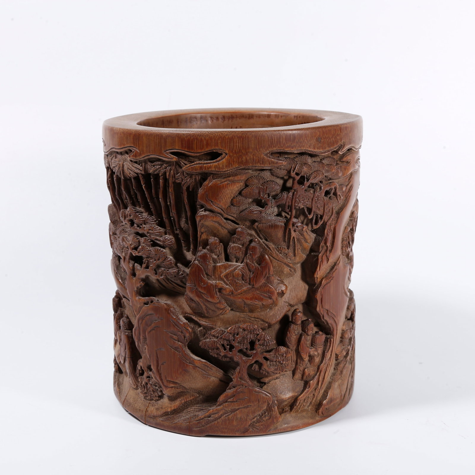 A BAMBOO-CARVED BRUSH POT DEPICTING GATHERING OF REFINED SCHOLARS (1 of 10)