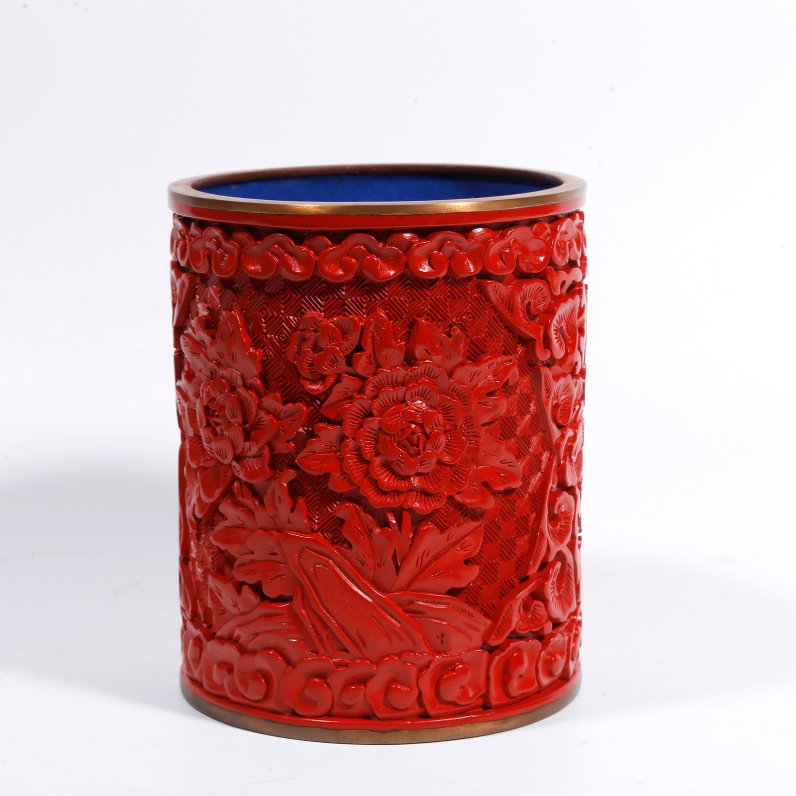 A BRONZE-BODY CARVED-RED BRUSH POT WITH ROCK-AND-FLOWER PATTERN (1 of 9)