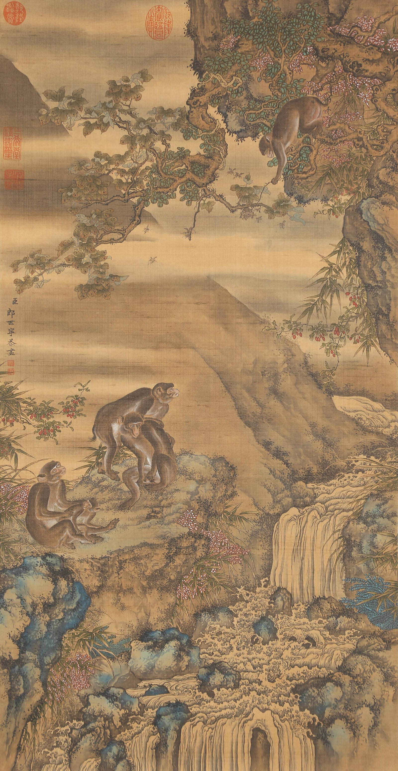 A GROUP MONKEYS PAINTING ON SILK BY GIUSEPPE CASTIGLIONE.郎世寧: Group Monkeys Painting on Silk by Giuseppe Castiglione.郎世寧