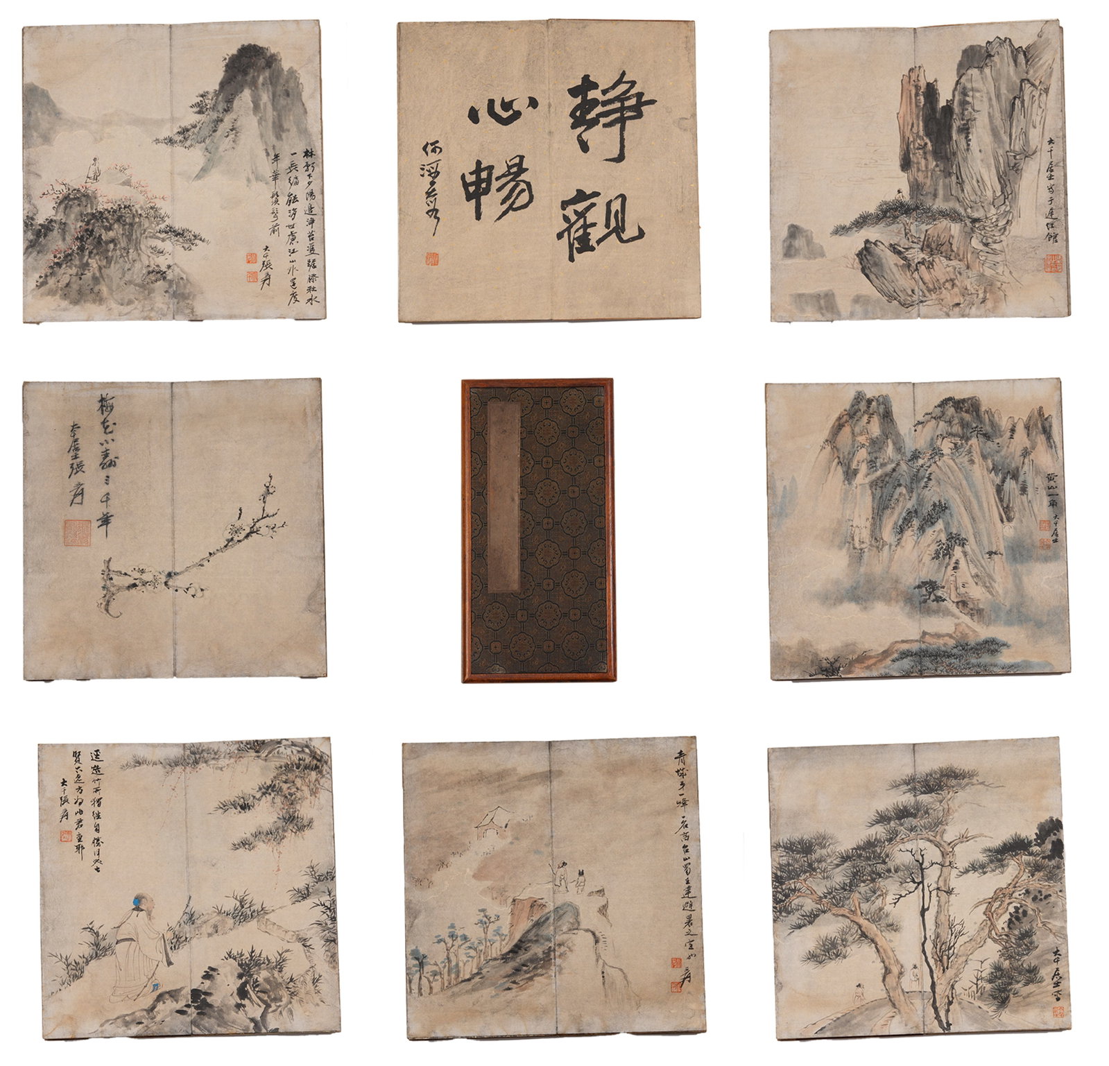 A LANDSCAPE AND FIGURE PAINTINGS ALBUM ON PAPER BY ZHANG DAQIAN (TEN LEAVES).張大千: Landscape and Figure Paintings Album on Paper by Zhang Daqian (ten leaves).張大千
