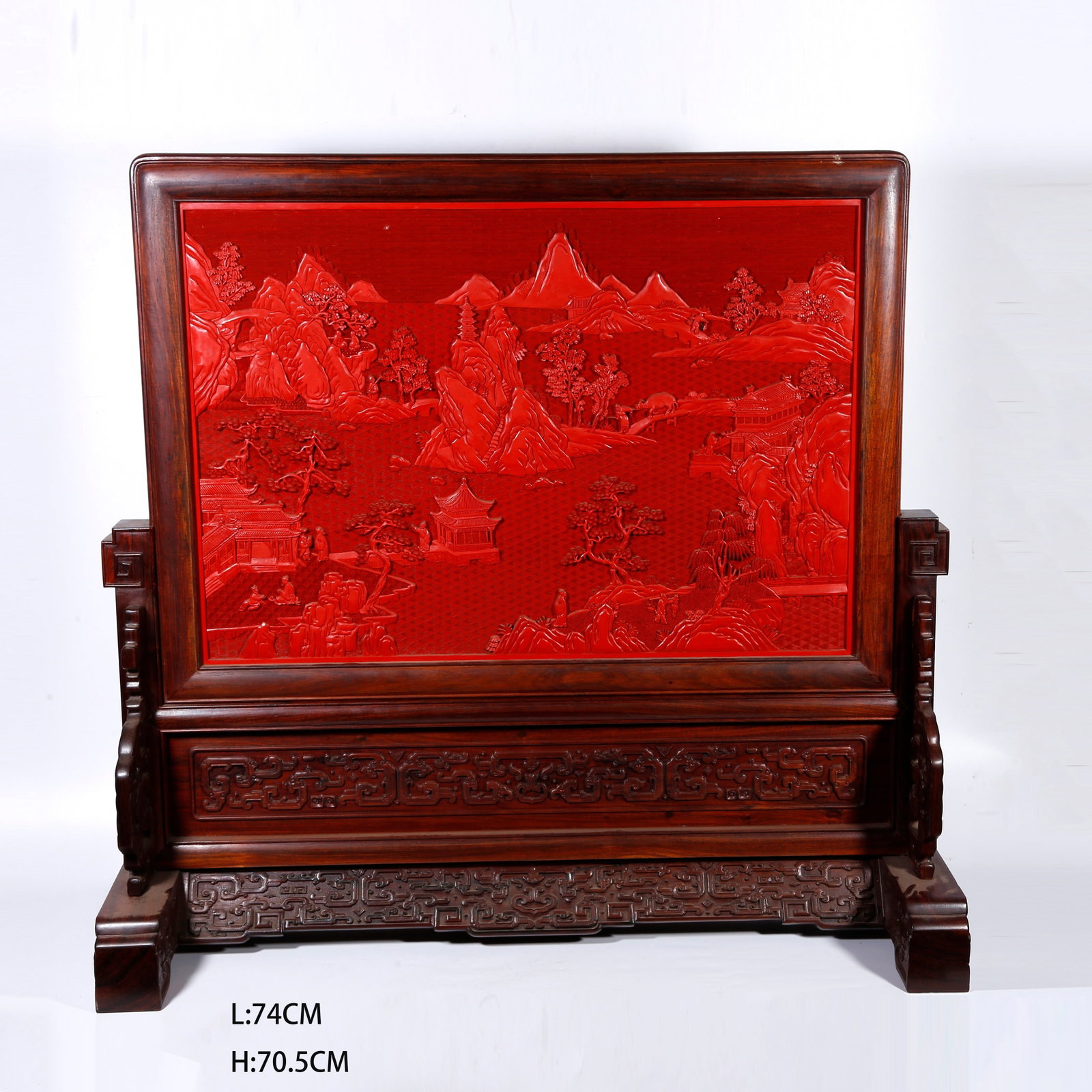 A RED-WOOD TABLE SCREEN INLAID WITH CARVED-RED LANDSCAPE PATTERN (1 of 9)