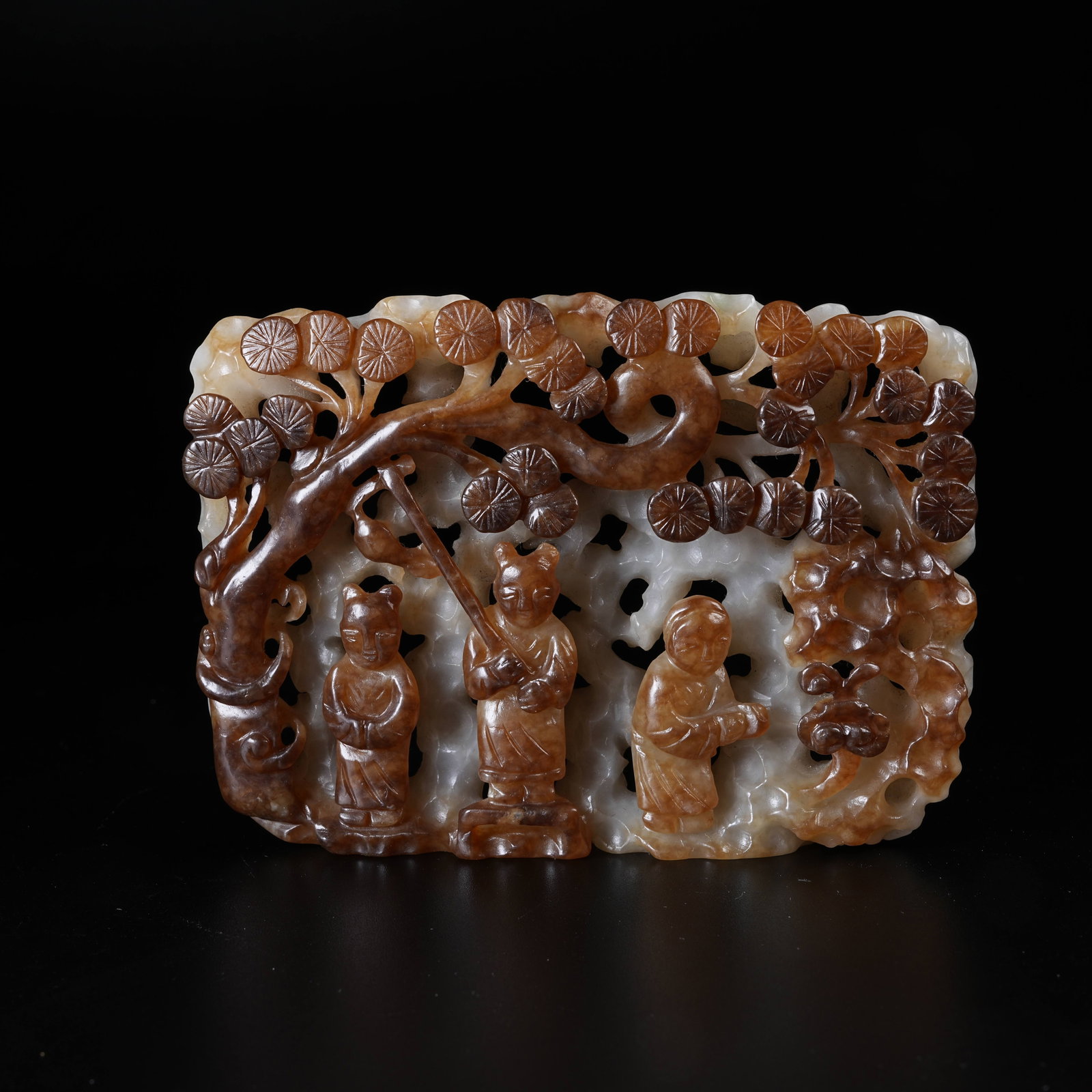 A HETIAN JADE BELT ORNAMENT WITH FIGURES UNDER PINE TREES (1 of 8)