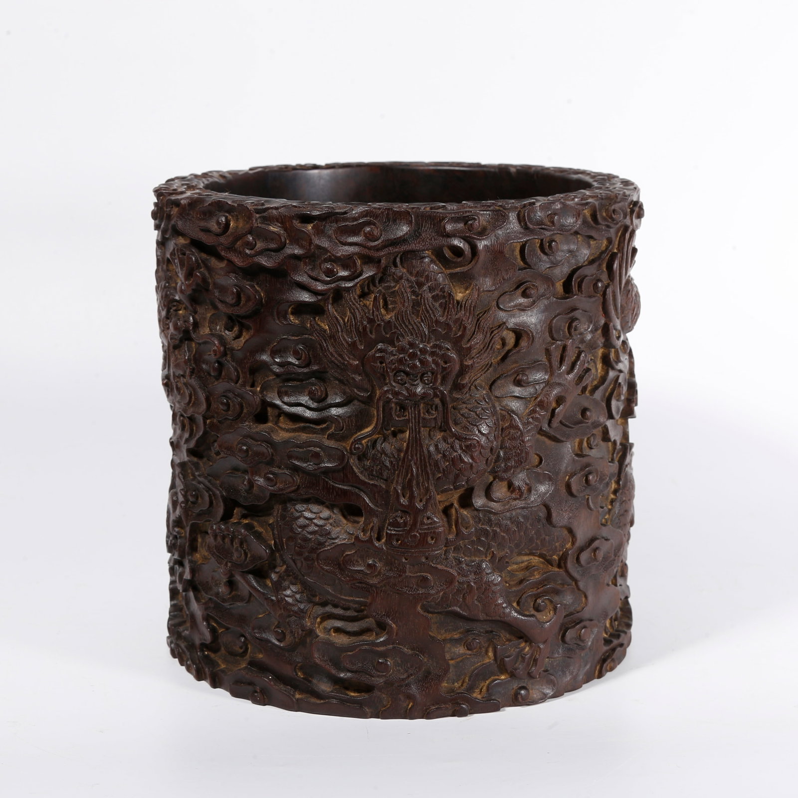 A CLOUD-DRAGON-PATTERN BRUSH POT CARVED IN ZITAN WOOD (1 of 9)