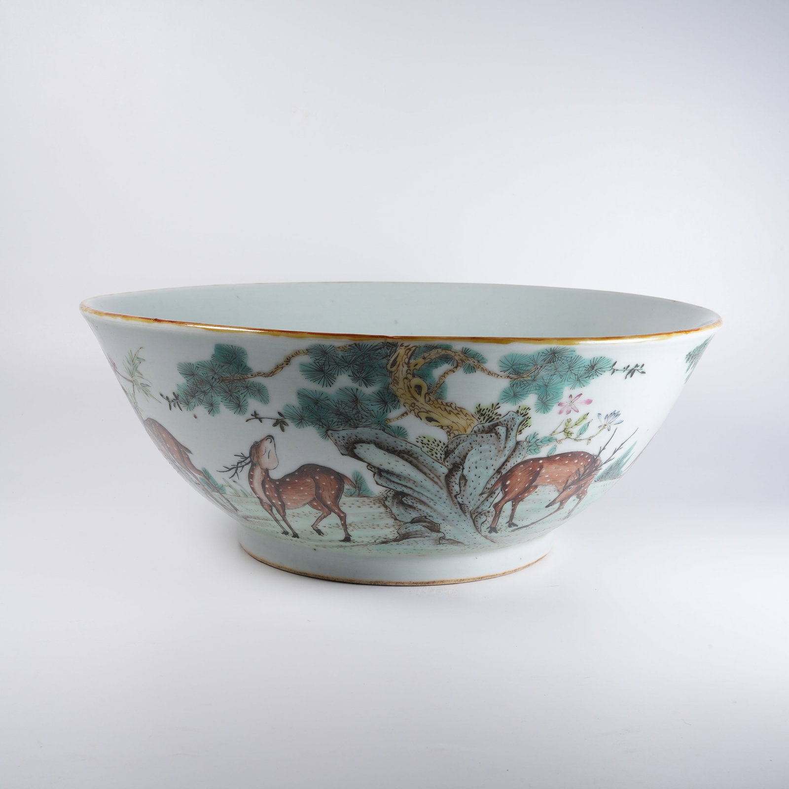 A LARGE FAMILLE-ROSE PINE-DEER BOWL (1 of 9)