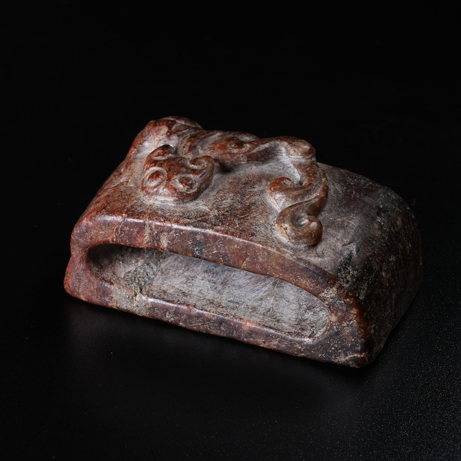 A ANCIENT JADE SWORD GUARD CARVED WITH CHI DRAGONS: Ancient Jade Sword Guard Carved with Chi Dragons
