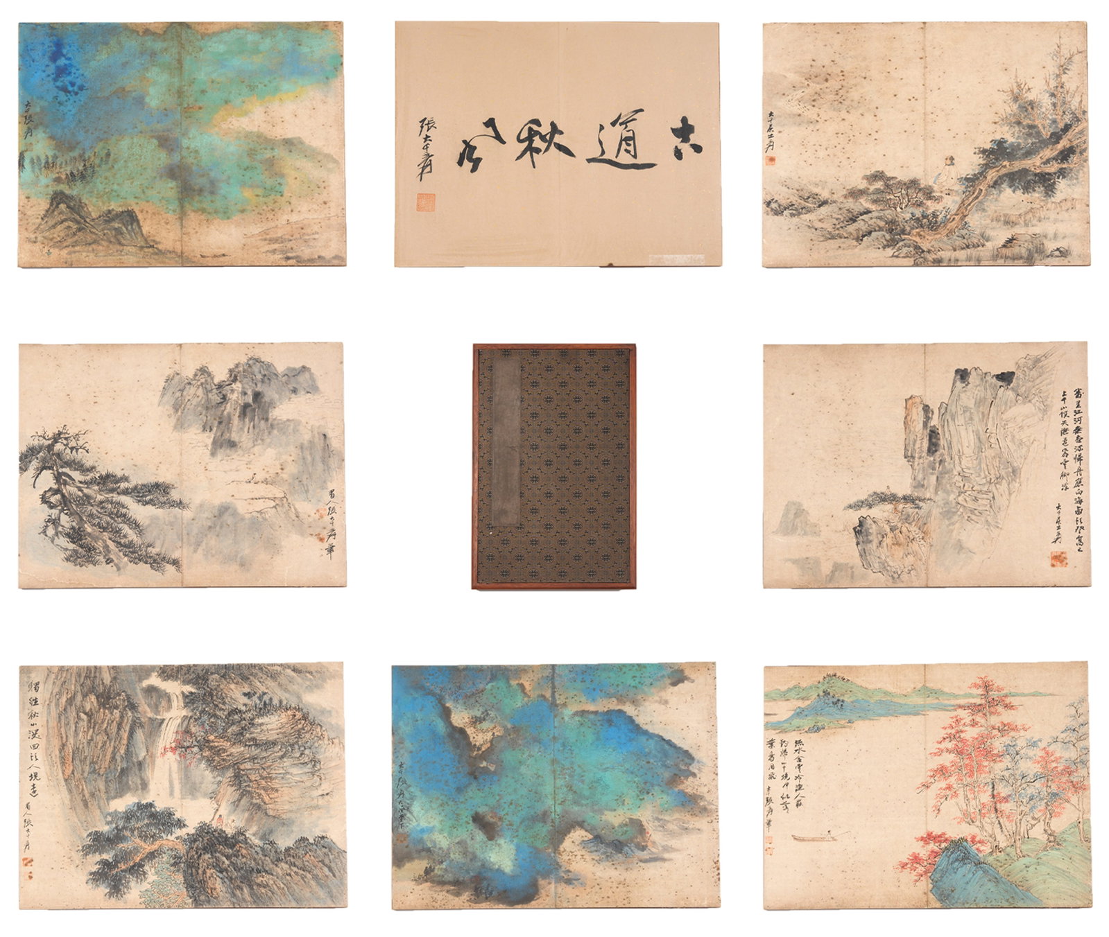A LANDSCAPE PAINTINGS ALBUM ON PAPER BY ZHANG DAQIAN (ELEVEN LEAVES).張大千: Landscape Paintings Album on Paper by Zhang Daqian (eleven leaves).張大千
