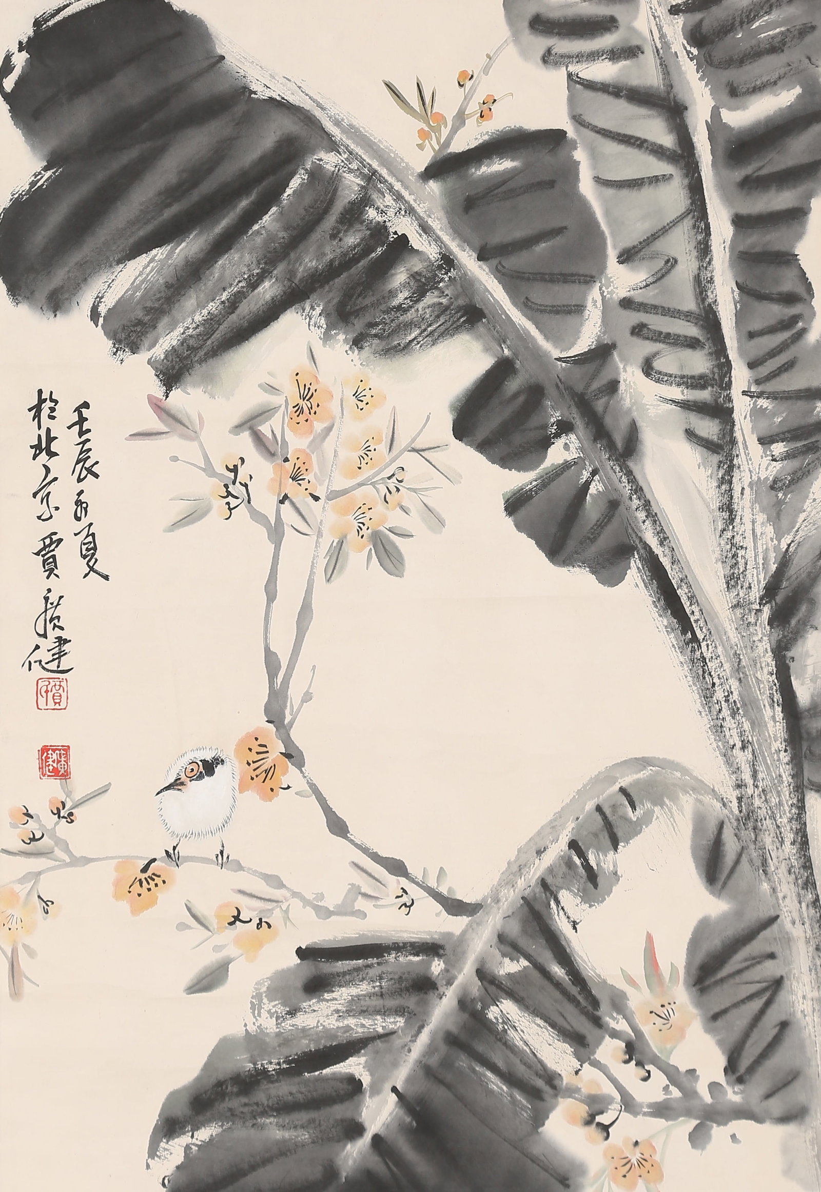A FLOWERS AND BIRDS PAINTING ON PAPER BY JIA GUANGJIAN.賈廣健: Flowers and Birds Painting on Paper by Jia Guangjian.賈廣健