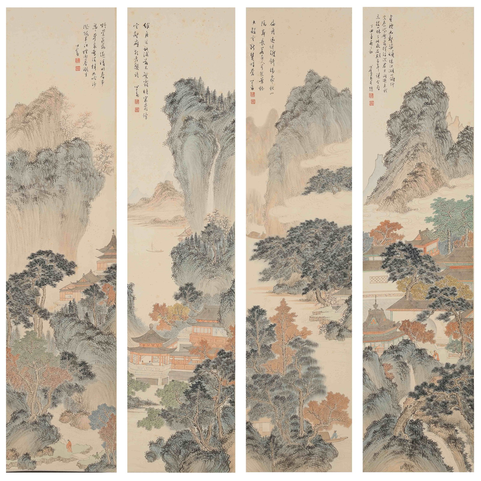 A LANDSCAPE PAVILIONS PAINTINGS ON PAPER BY PU RU (FOUR PIECES).溥儒 (1 of 20)